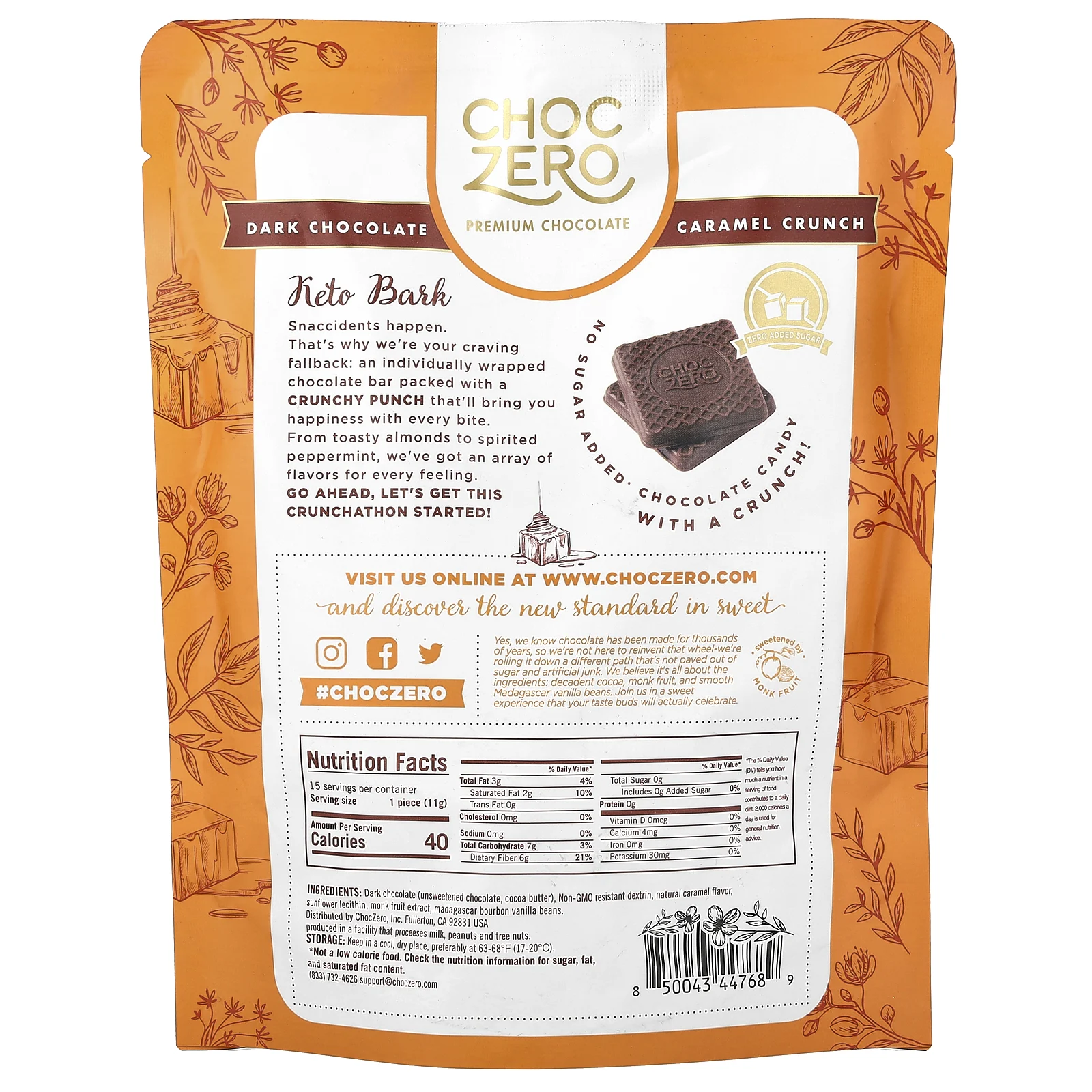 ChocZero, Keto Bark, темный шоколад, хрустящая карамель, 15 мини-упаковок, 170 г (6 унций)