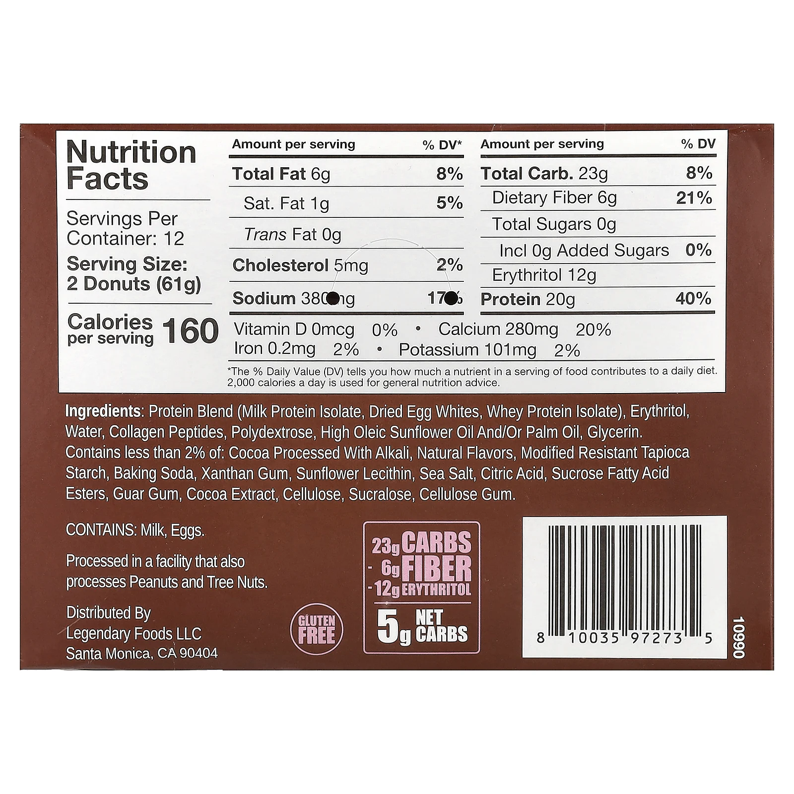 Legendary Foods, протеиновые пончики, в шоколаде, 12 упаковок по 61 г (2,2 унции)