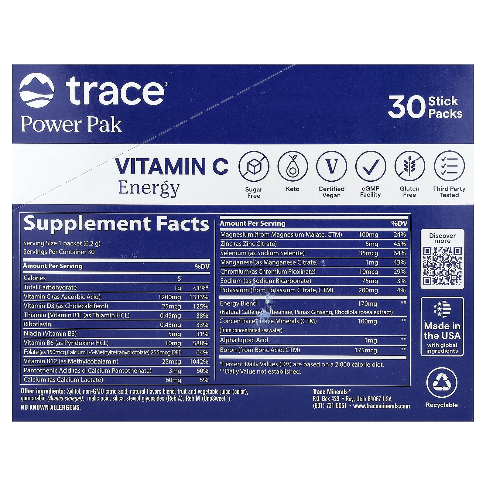 Trace, Power Pak, витамин C и энергетическая смесь, гранат и голубика, 30 стик-пакетов по 6,2 г (0,22 унции)