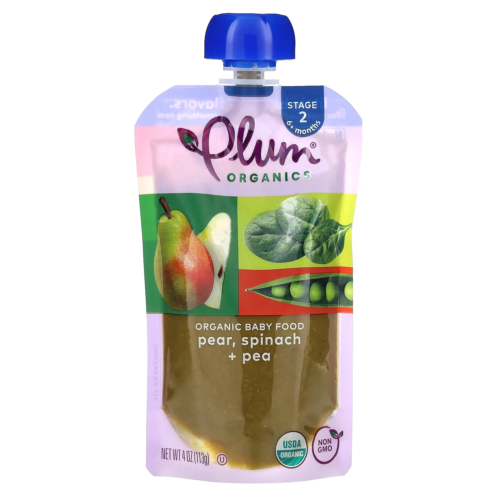 Plum Organics, органическое детское питание, от 6 месяцев, груша, шпинат и горох, 113 г (4 унции)
