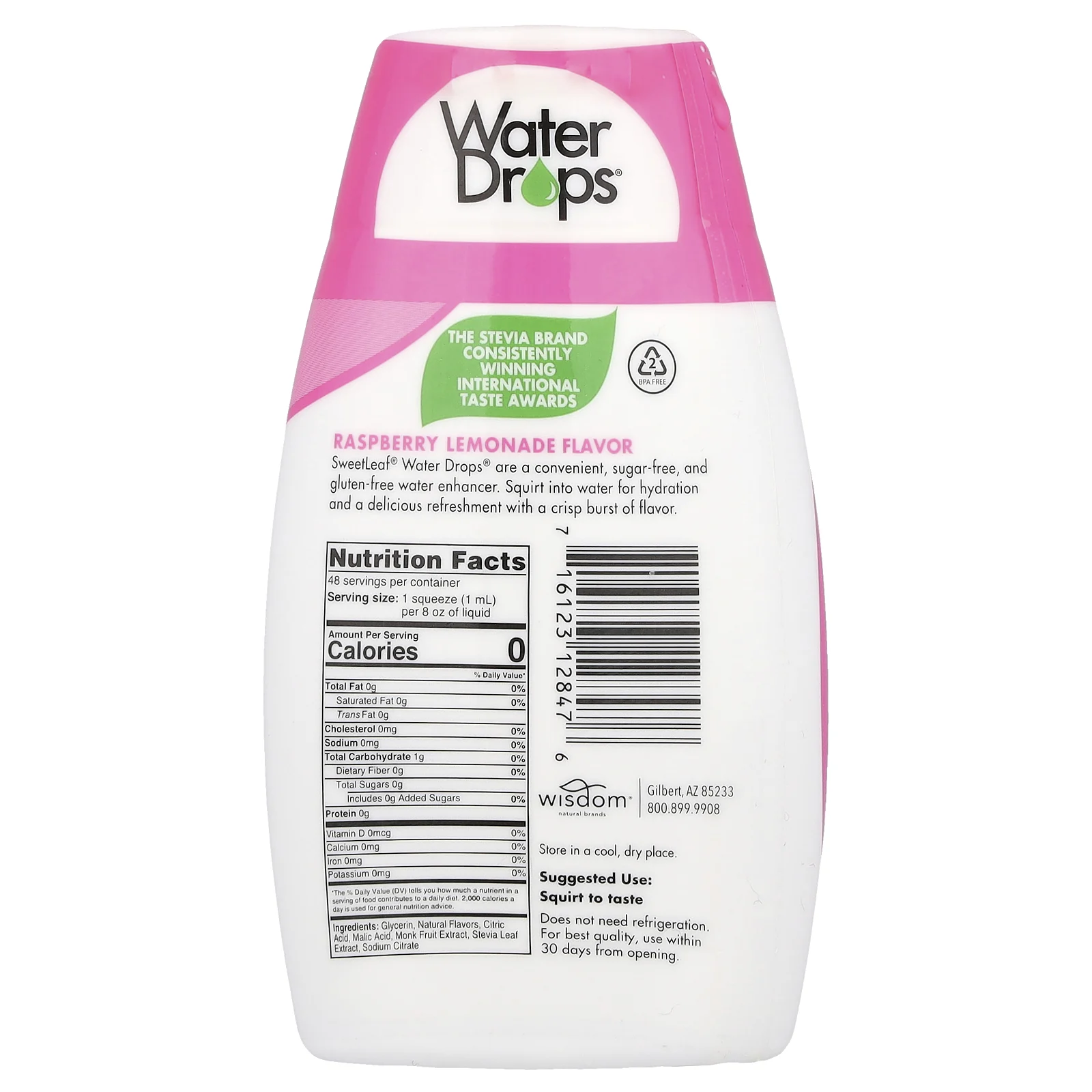 Wisdom Natural, SweetLeaf, Water Drops, вкусовая добавка со стевией, «Малиновый лимонад», 48 мл (1,62 жидк. унции)