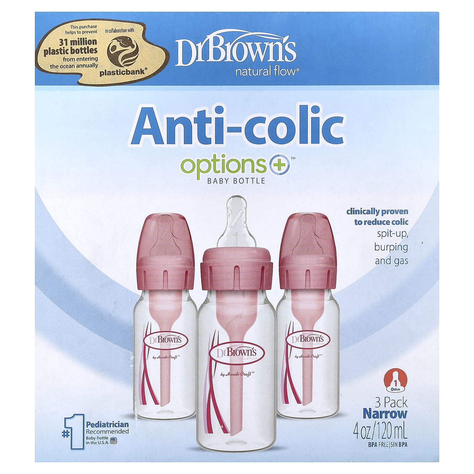 Dr. Brown's, Natural Flow®, Anti-colic Options+™, бутылочка для детей от 0 месяцев, 3 шт. по 120 мл (4 унции)