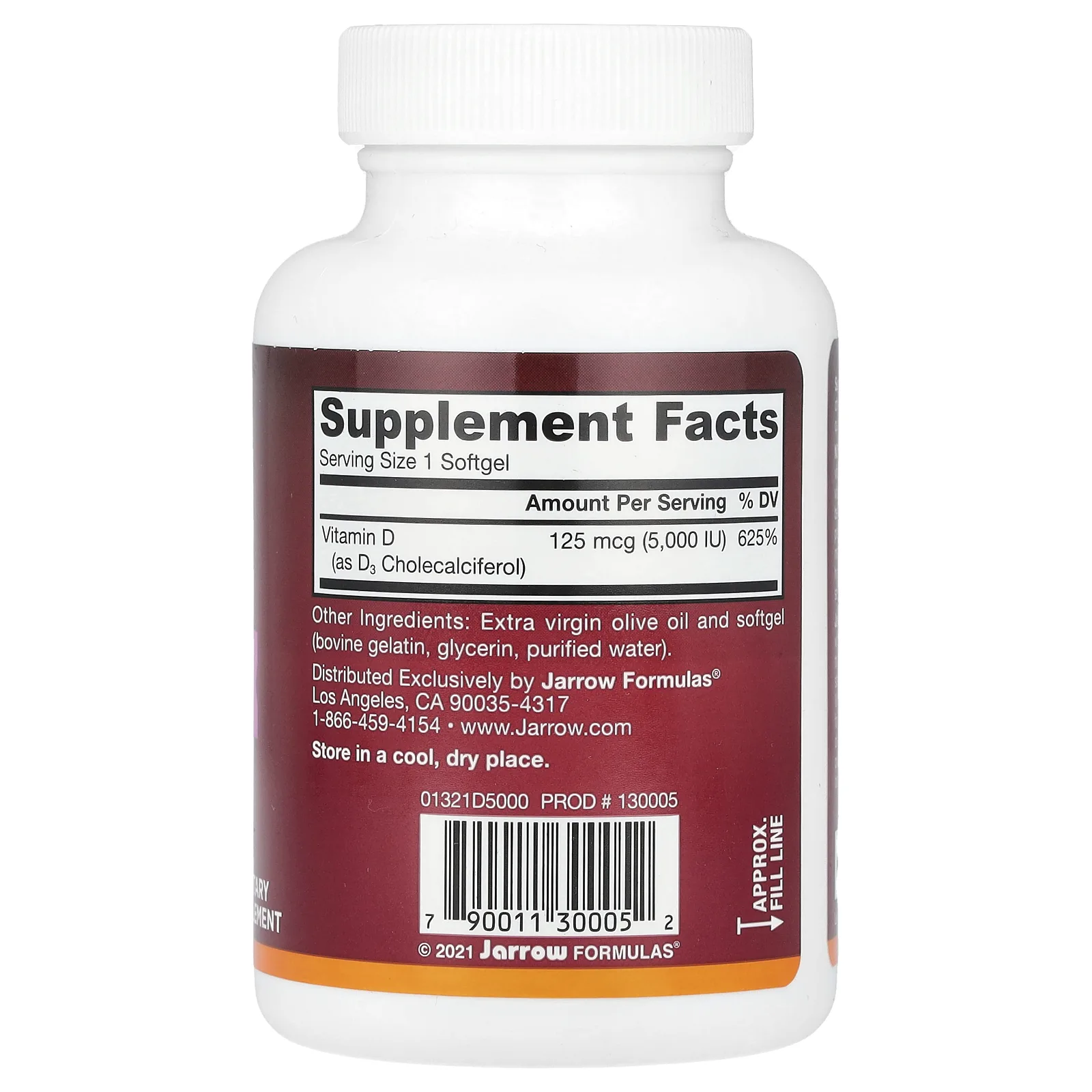 Jarrow Formulas, Витамин D3, максимальная эффективность, 125 мкг (5000 МЕ), 100 мягких таблеток
