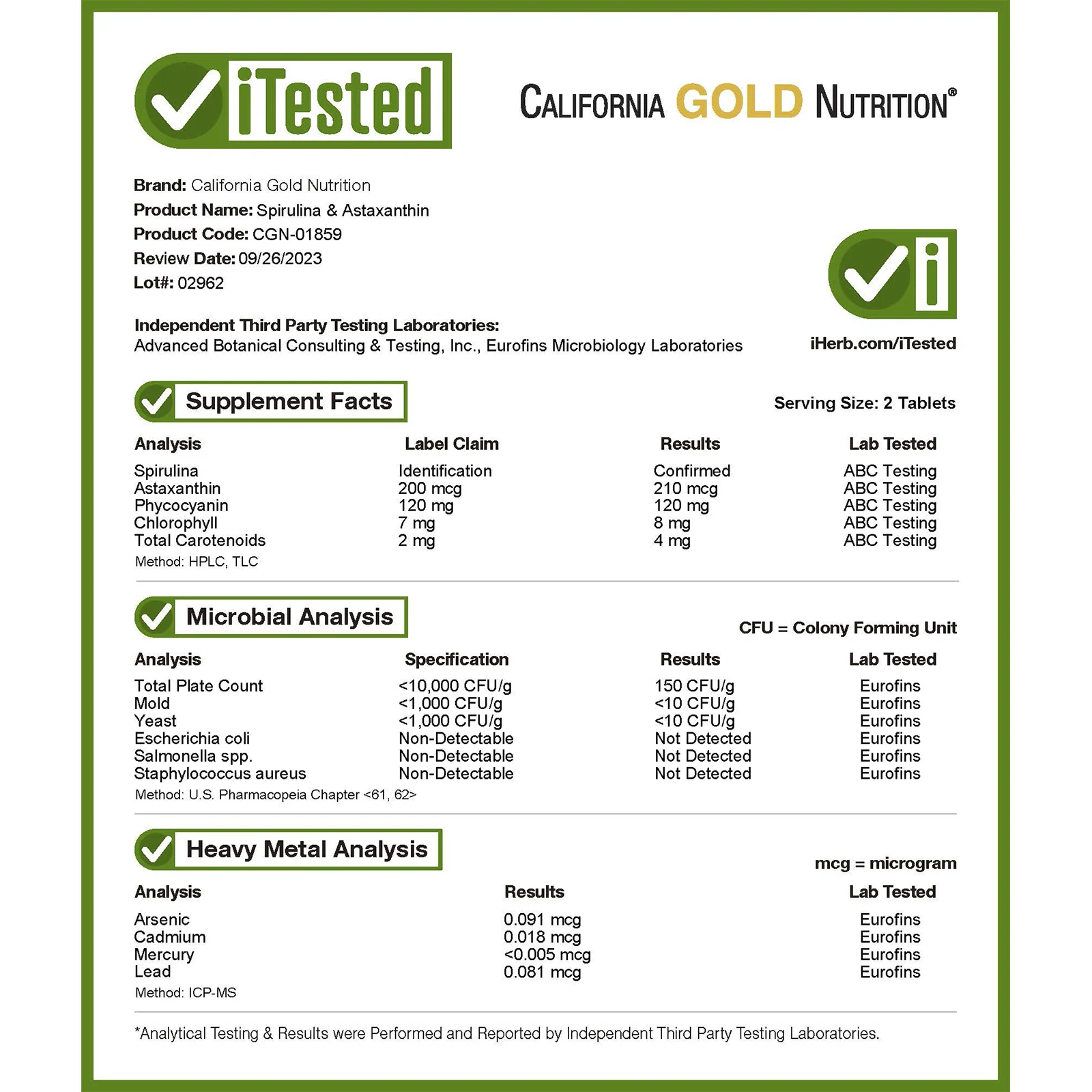 California Gold Nutrition, Spirulina AstaBlue, 180 таблеток (Товар снят с продажи)