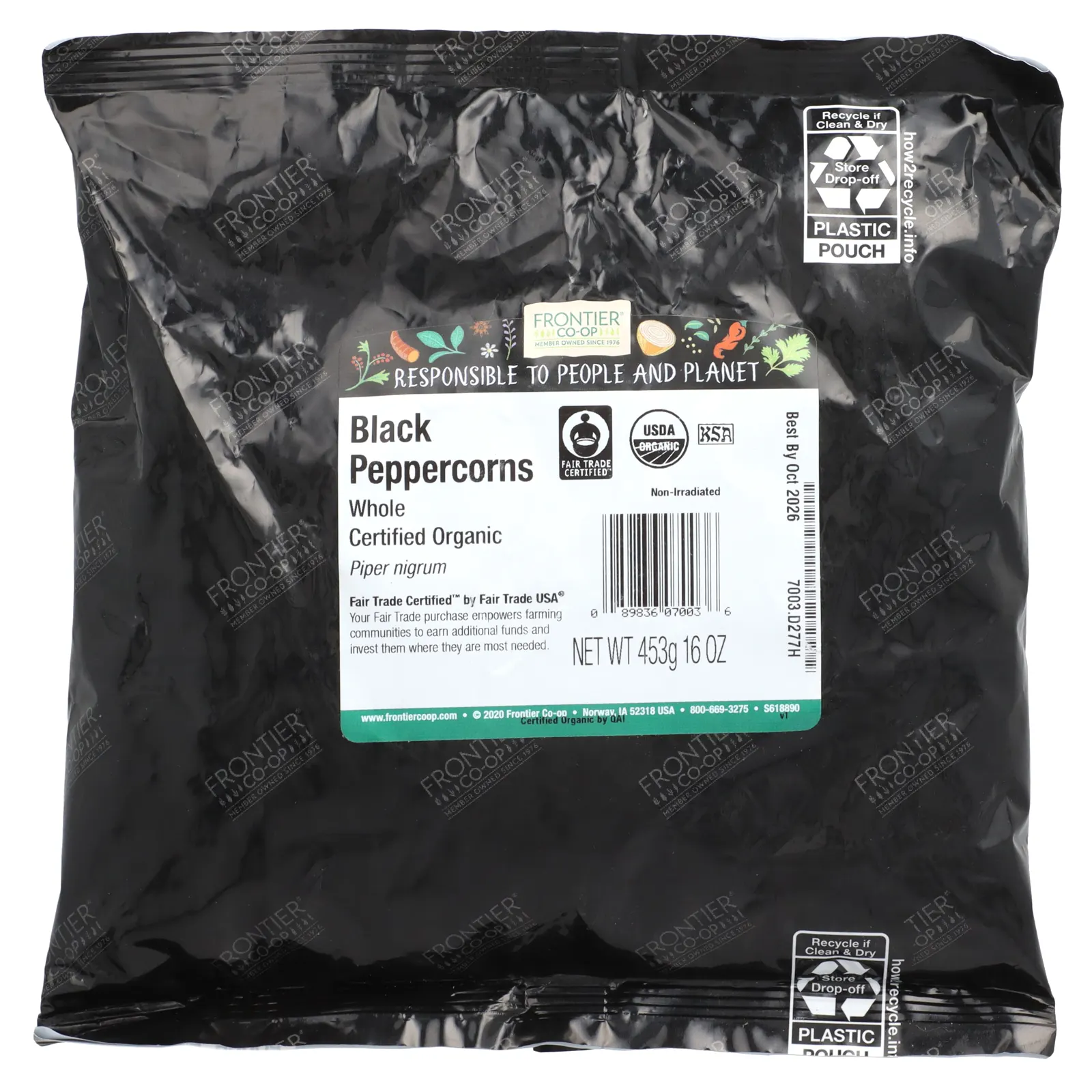 Frontier Co-op, Органический цельный черный перец, экстракт которого соответствует стандартам справедливой торговли, 453 г (16 унций)