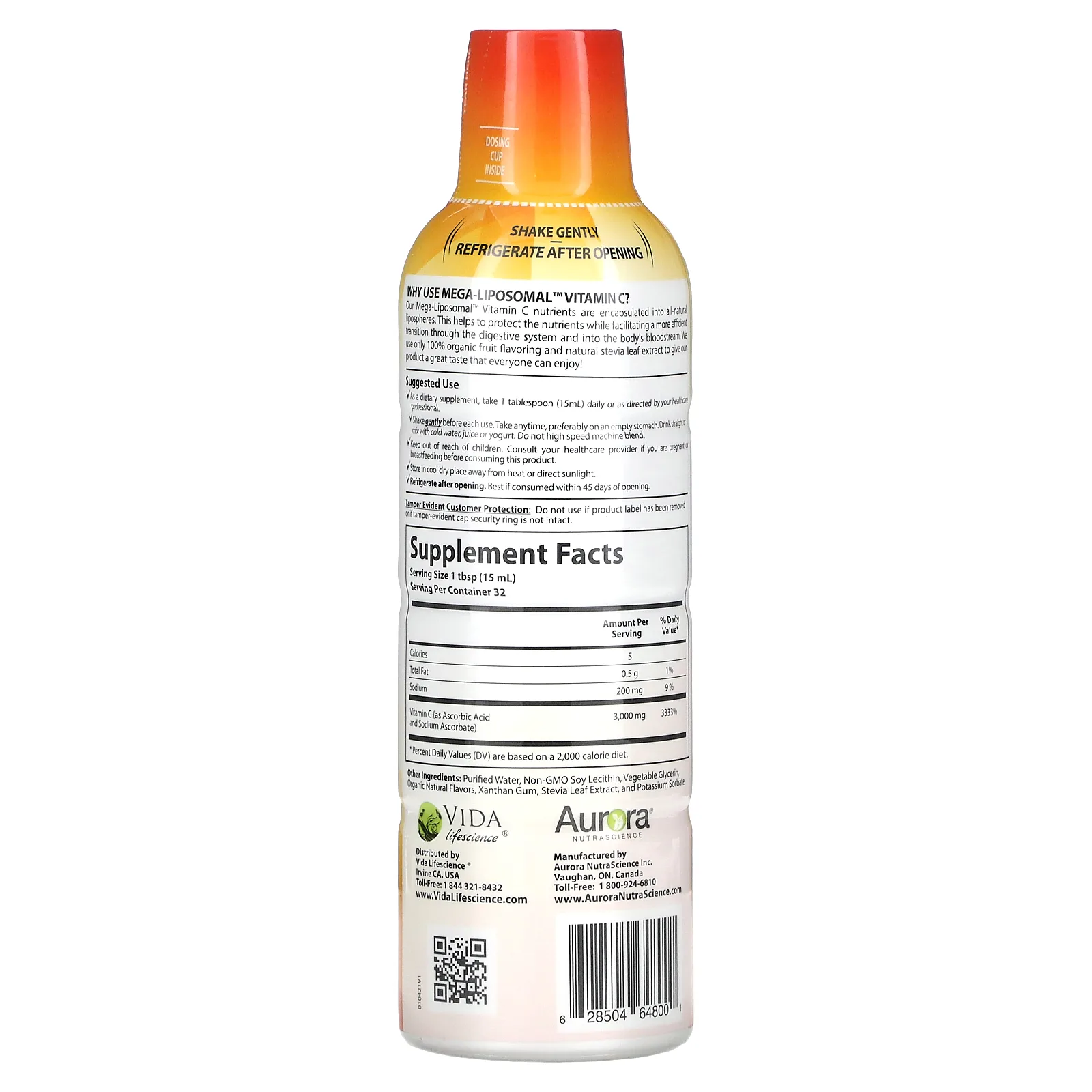 Aurora Nutrascience, Mega-Liposomal Vitamin C, органический фруктовый вкус, 3000 мг, 480 мл (16 жидк. унций)