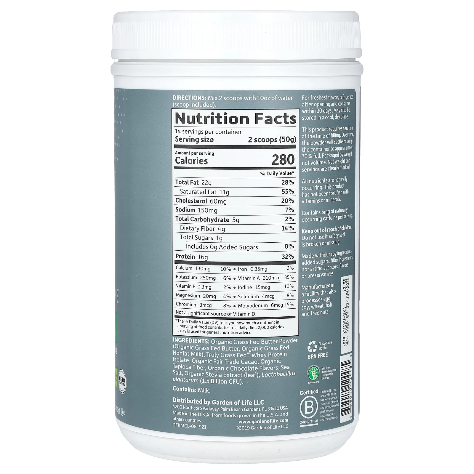 Garden of Life, Сбалансированный коктейль для кетогенной диеты Dr. Formulated, со вкусом шоколада, 700 г (1,54 фунта)