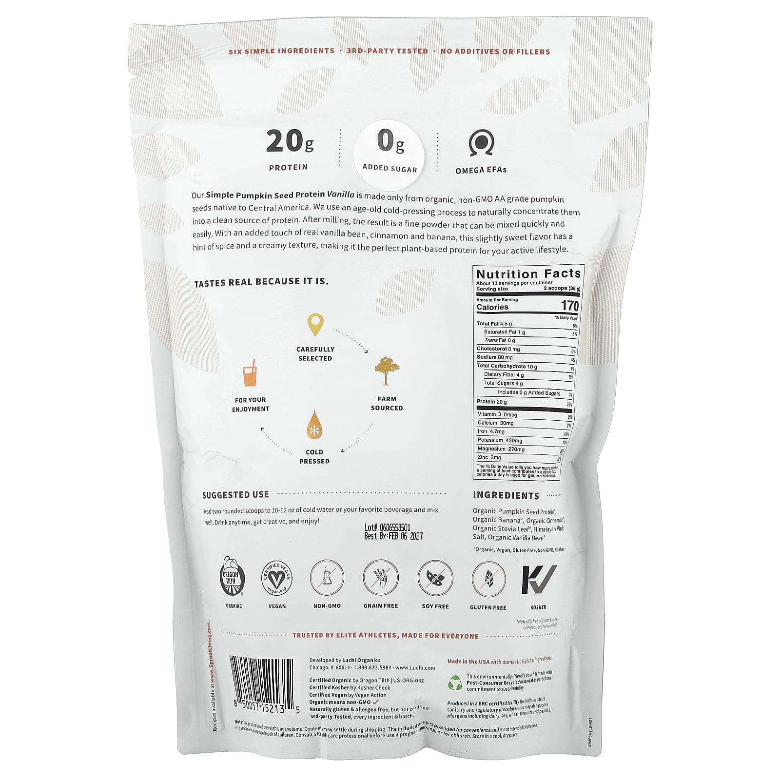 Sprout Living, простой протеин из семян тыквы, со вкусом ванили, 454 г (1 фунт)