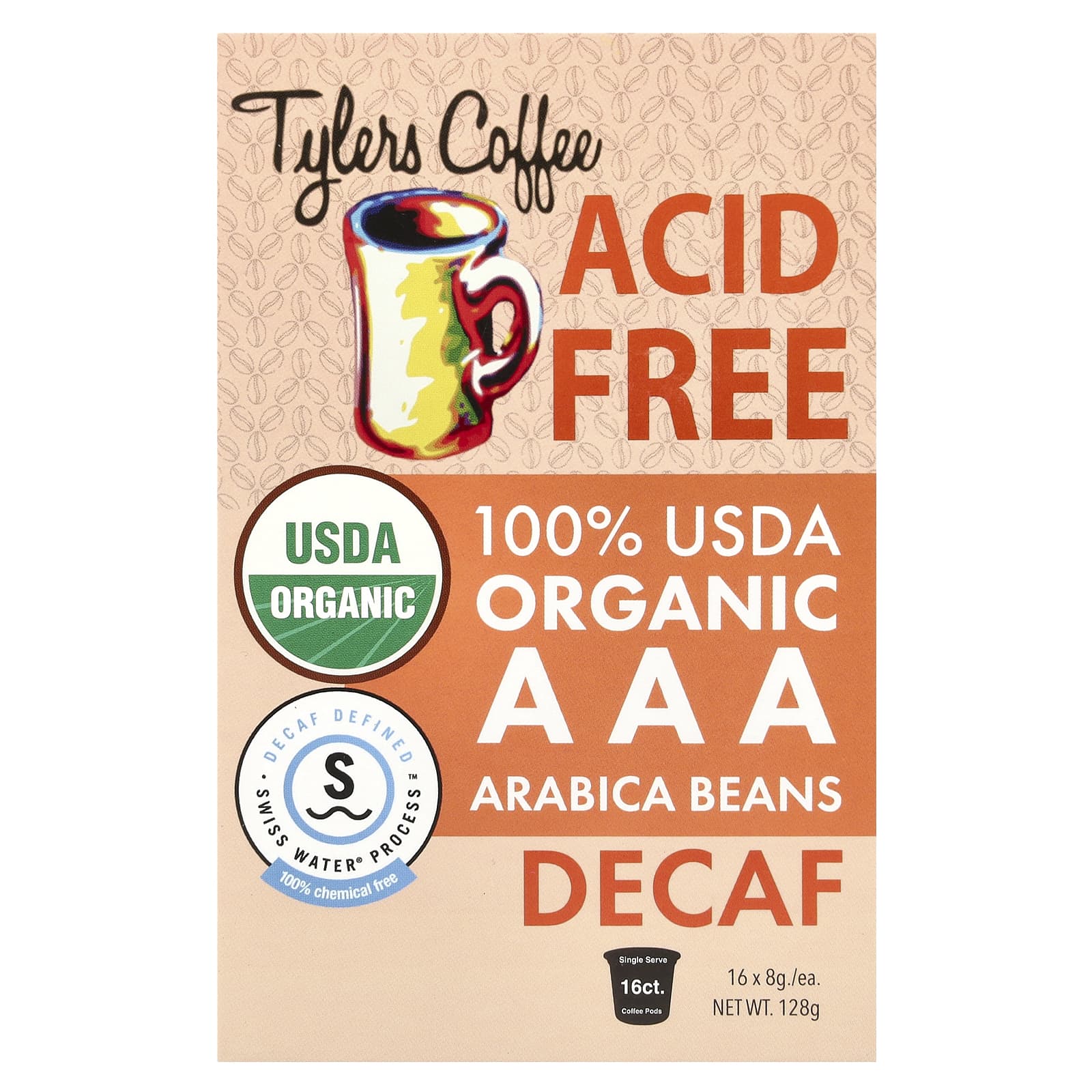 Tylers Coffees, Бескислотный органический кофе без кофеина, капсулы на 16 тыс.