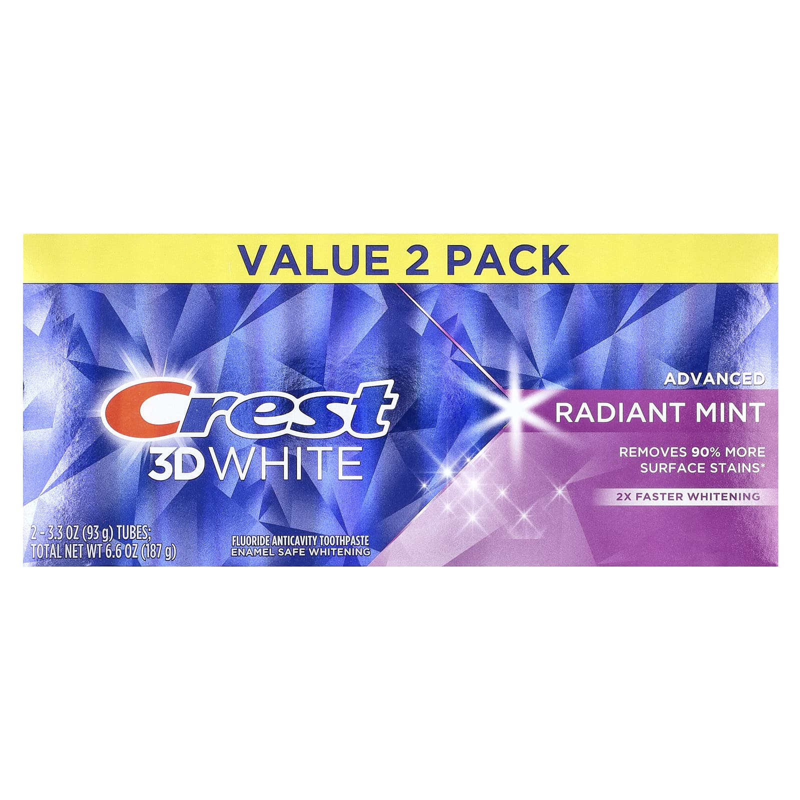 Crest, 3D White Advanced, Fluoride Anticavity Toothpaste, Radiant Mint, 2 Pack, 3.3 oz (93 g) Each
