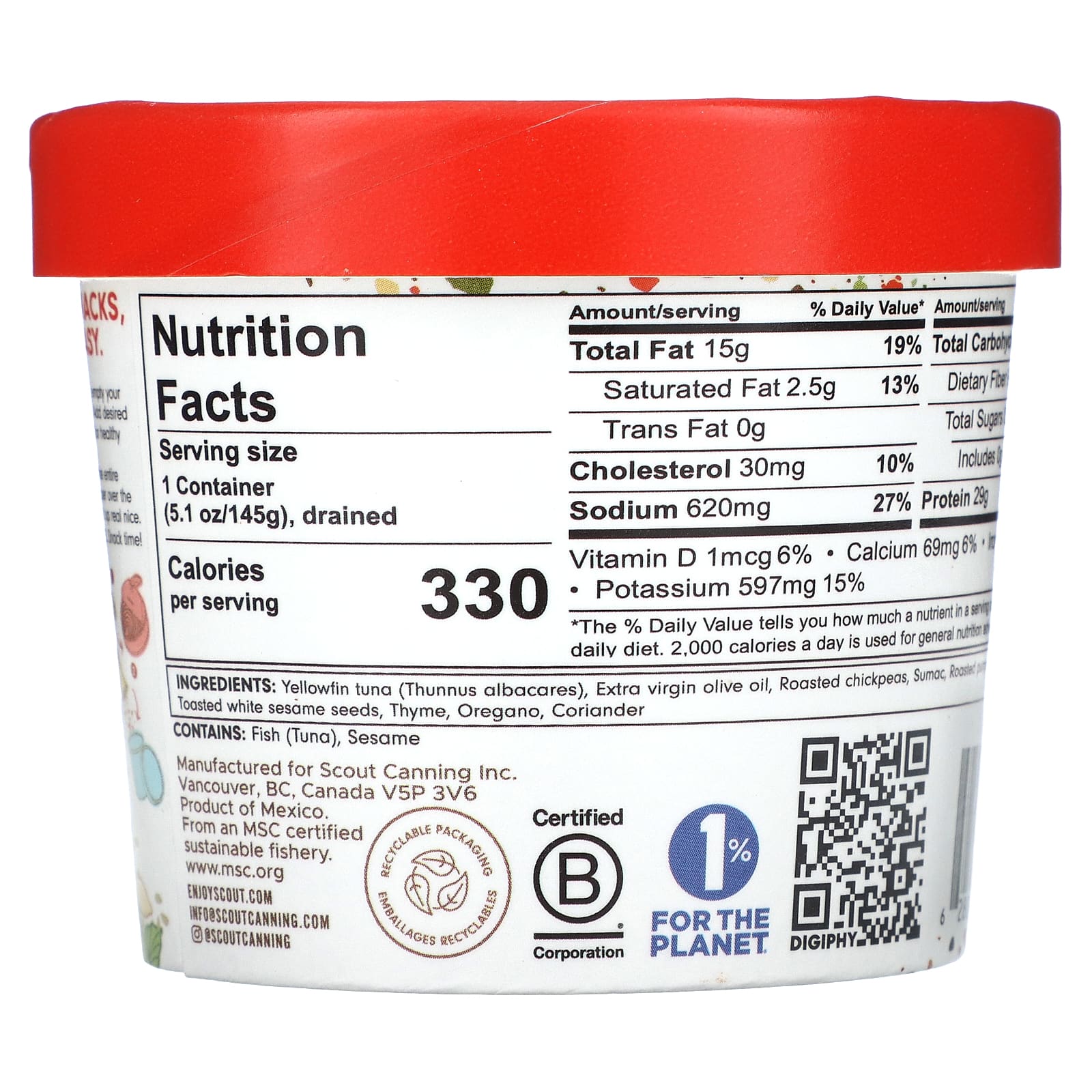 Scout, Seafood Snacks, дикий желтоперый тунец в оливковом масле и хрустящий топпер Za'Atar, 145 г (5,1 унции)