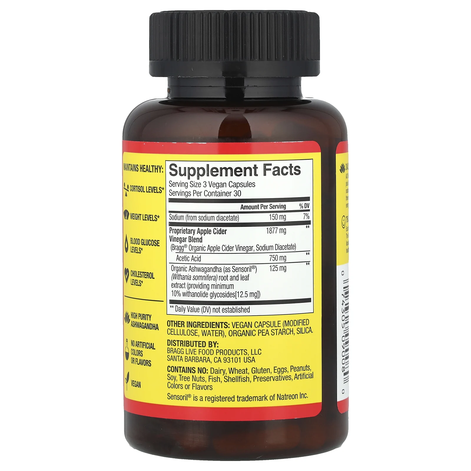 Bragg, Яблочный уксус + ашваганда, 90 капсул