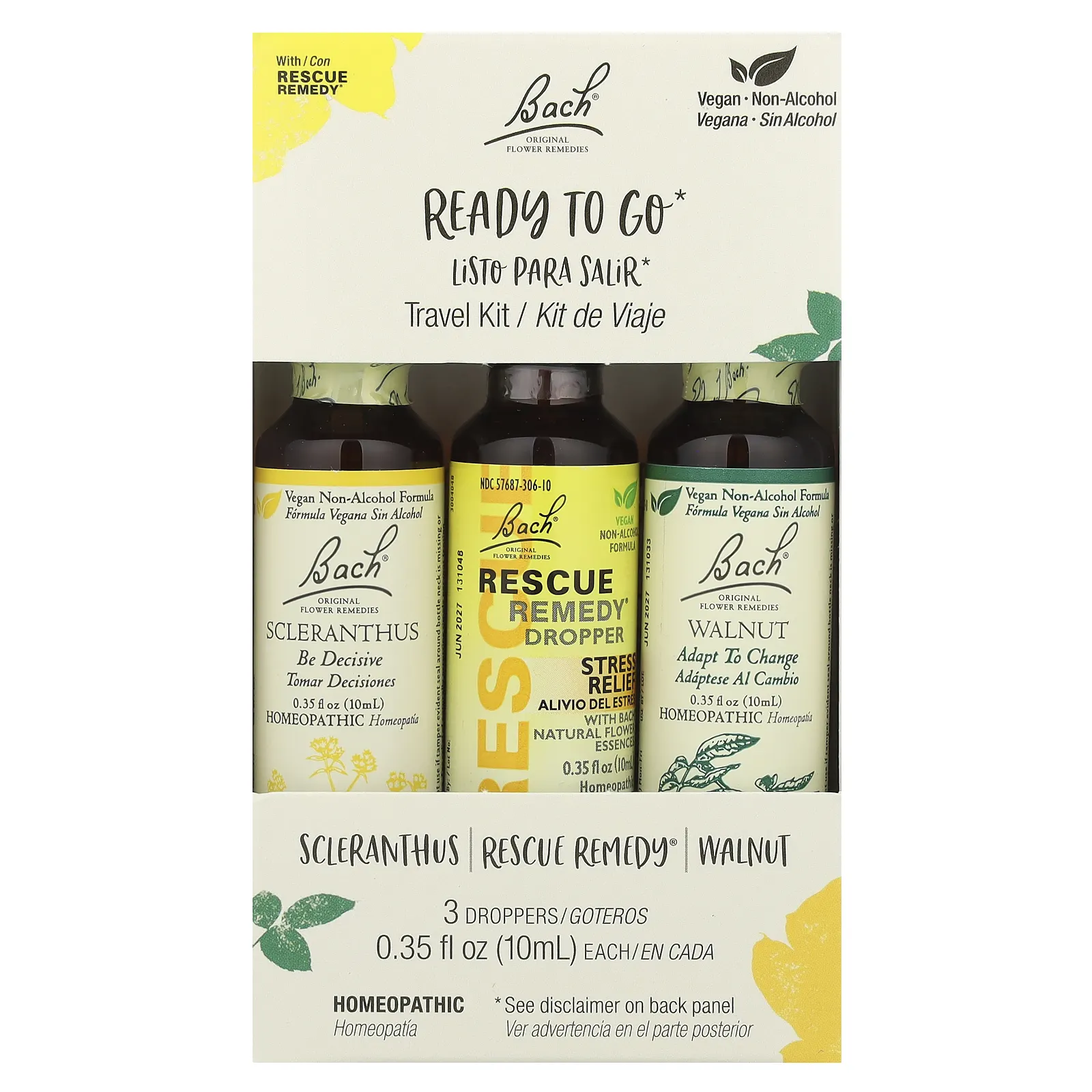 Bach, Original Flower Remedies, дорожный набор, готовый к употреблению, 3 пипетки, 10 мл (0,35 жидк. Унции)