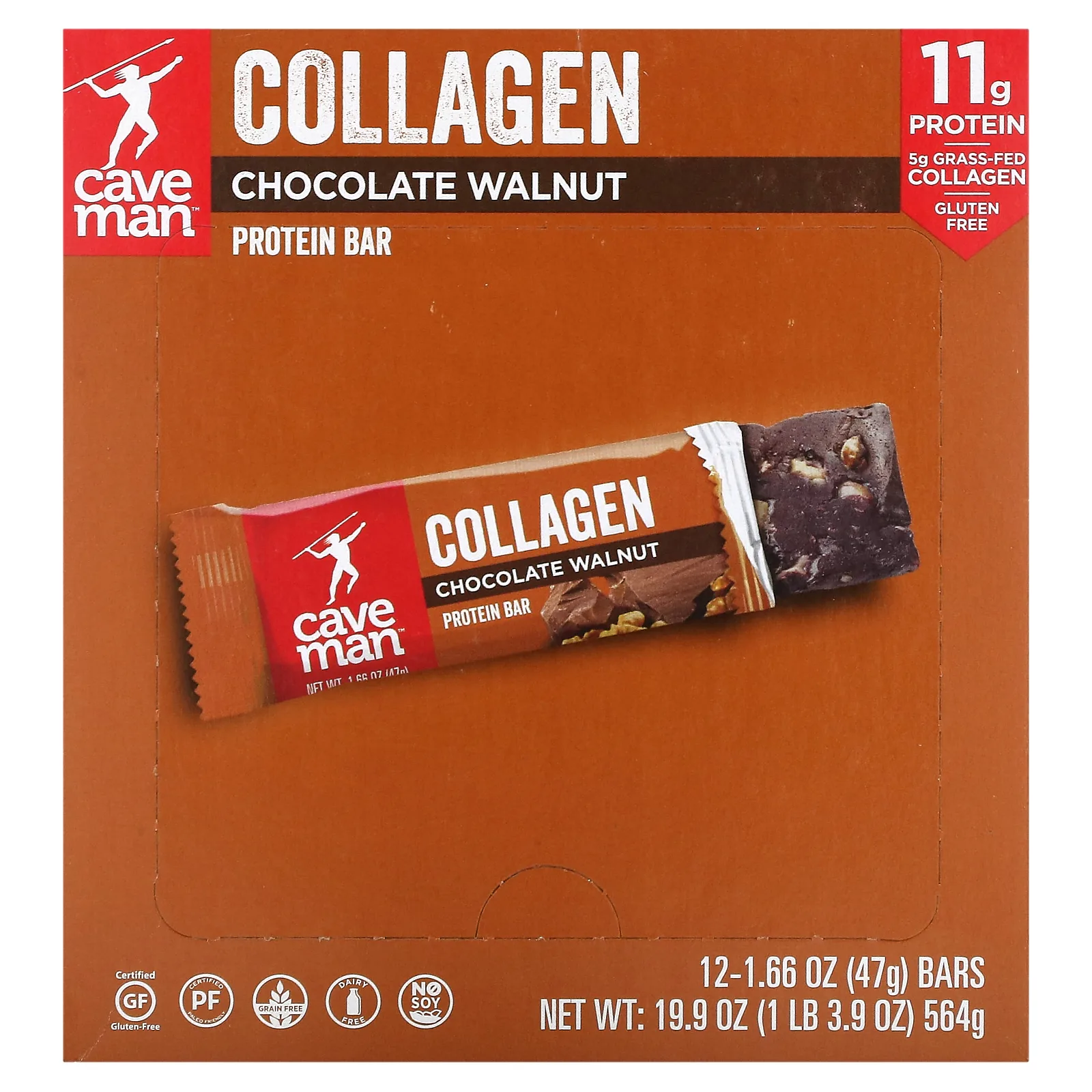Caveman Foods, протеиновый батончик с коллагеном, со вкусом шоколада и грецкого ореха, 12 батончиков по 47 г (1,66 унции)