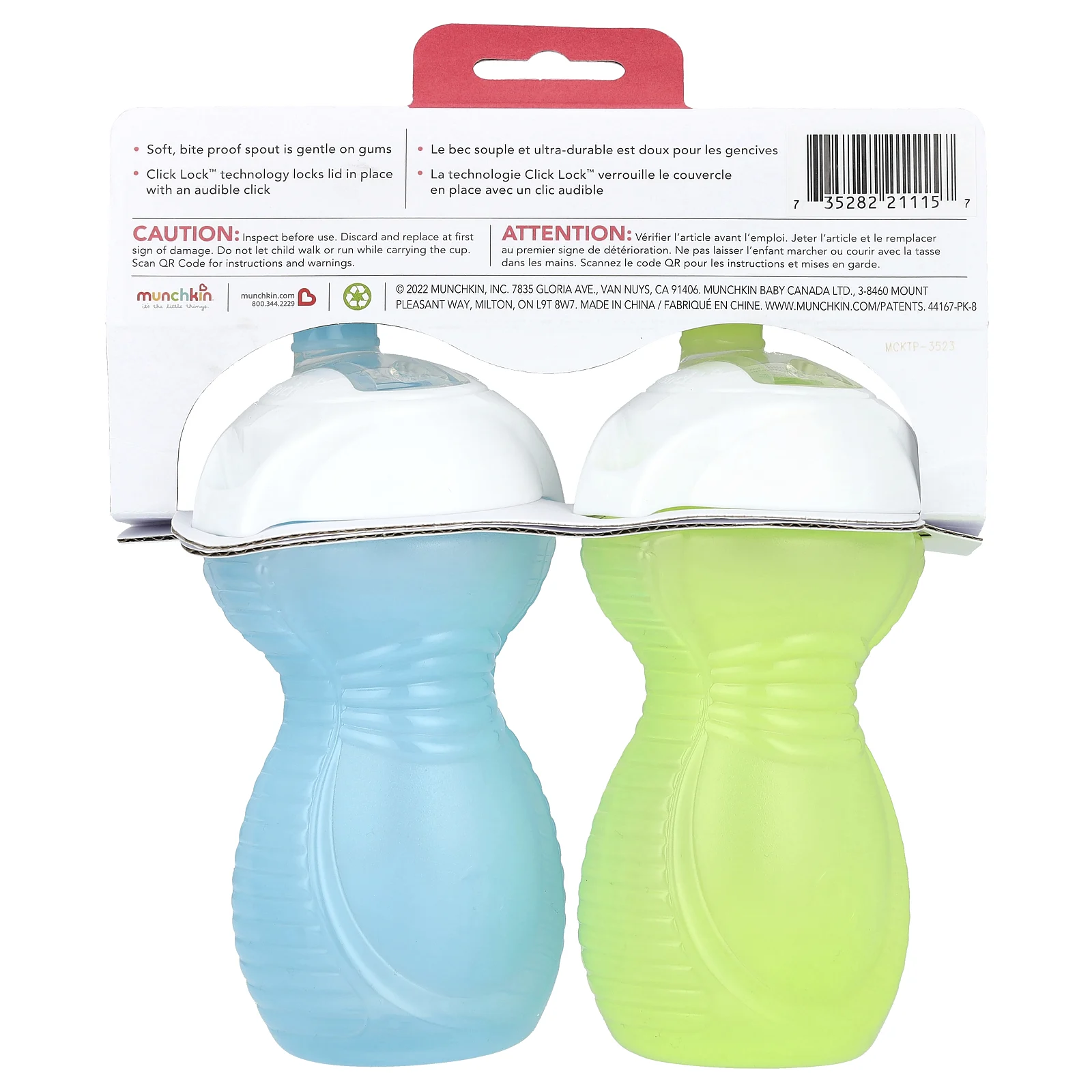 Munchkin, Click Lock ™, стаканчик-поилка для защиты от укусов, от 9 месяцев, светло-зеленый и голубой, 2 стакана по 266 мл (9 унций)