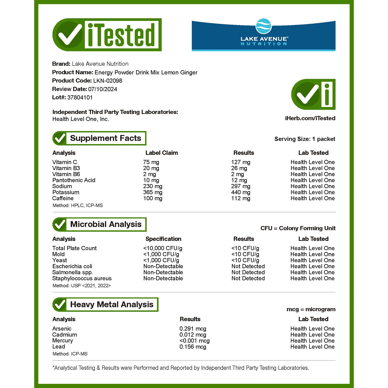 Lake Avenue Nutrition, порошковая смесь для приготовления напитка, повышающего уровень энергии, со вкусом лимона и имбиря, 20 пакетиков по 11,6 г (0,41 унции)