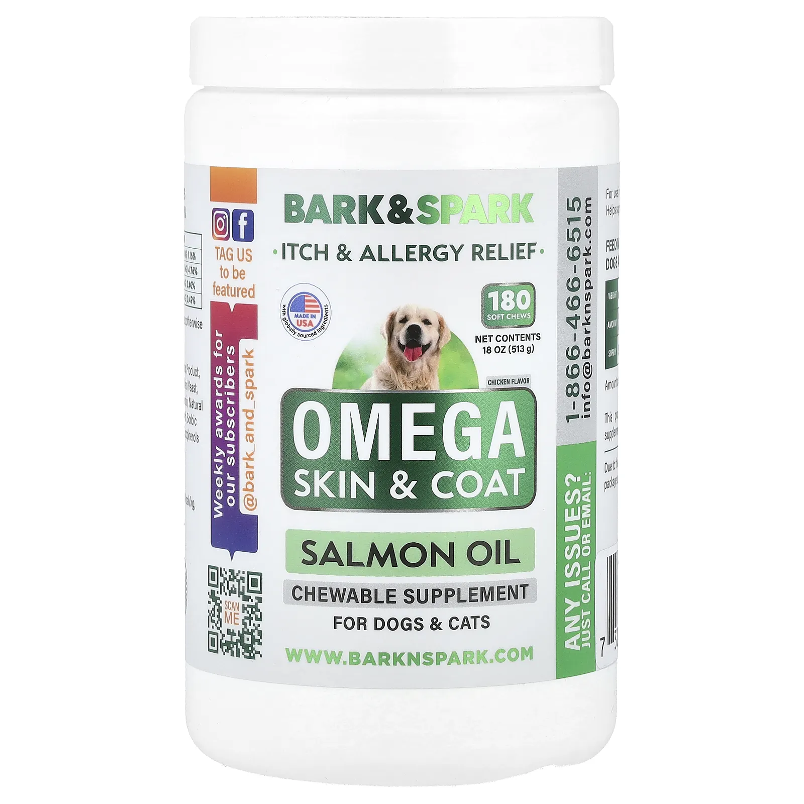Bark&Spark, Omega Skin & Coat, лососевый жир, для собак и кошек, курица, 180 жевательных таблеток, 513 г (18 унций)