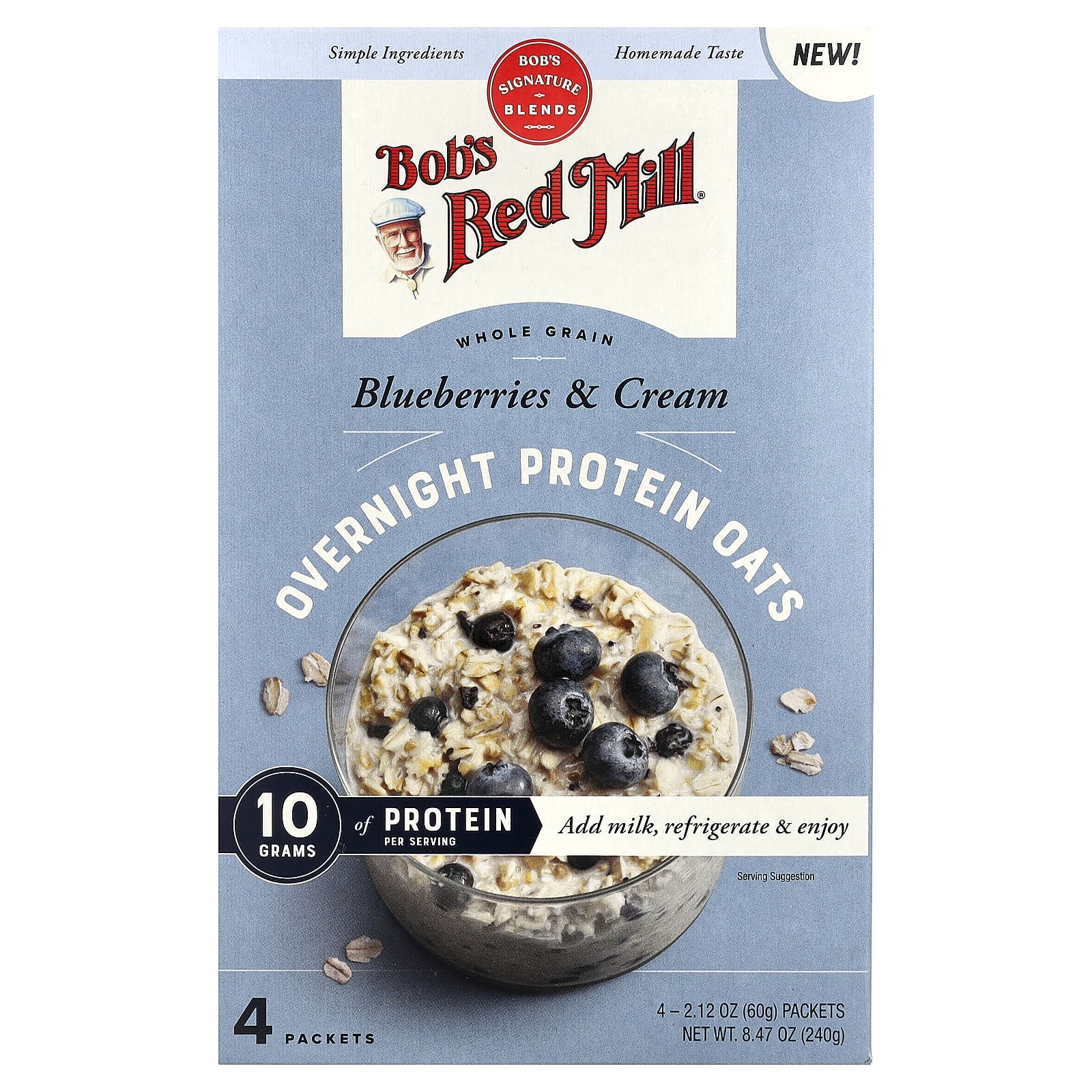 Bob's Red Mill, Overnight Protein Oats, цельнозерновые продукты, голубика и сливки, 4 пакетика по 60 г (2,12 унции)