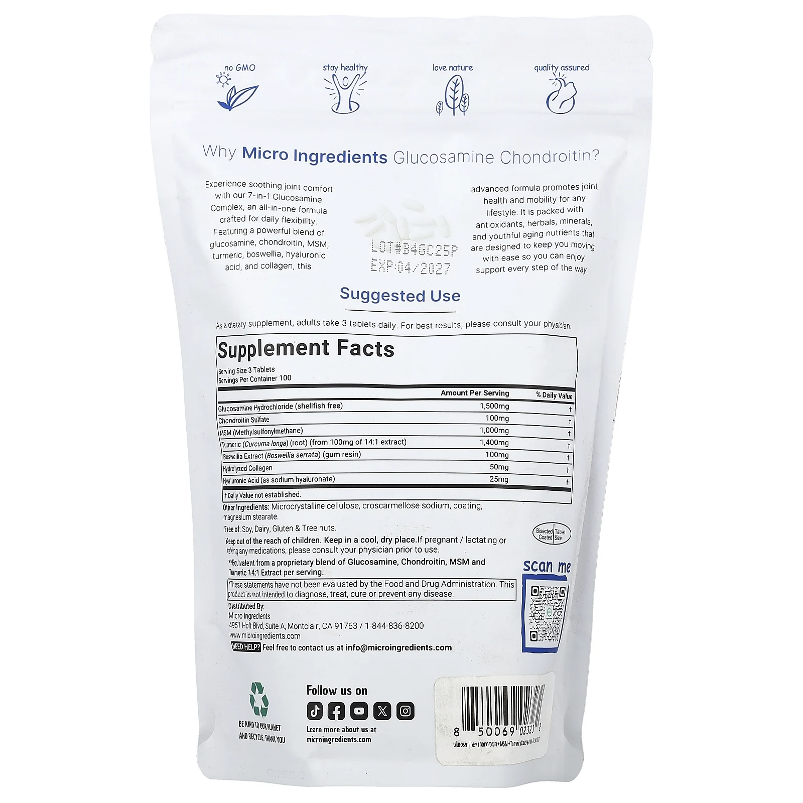 Micro Ingredients, глюкозамин и хондроитин, МСМ и куркума, 300 разделенных на части таблеток