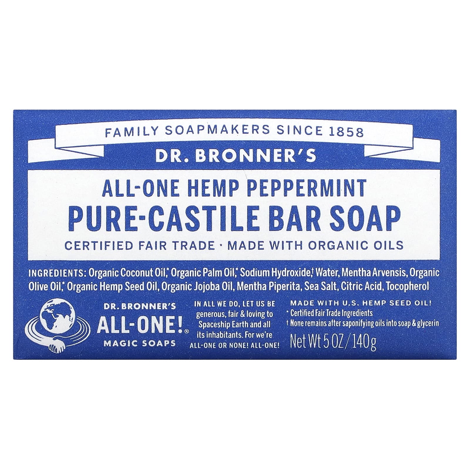 Dr. Bronner's, Pure Castile Bar Soap, All-One, конопля, перечная мята, 140 г (5 унций)