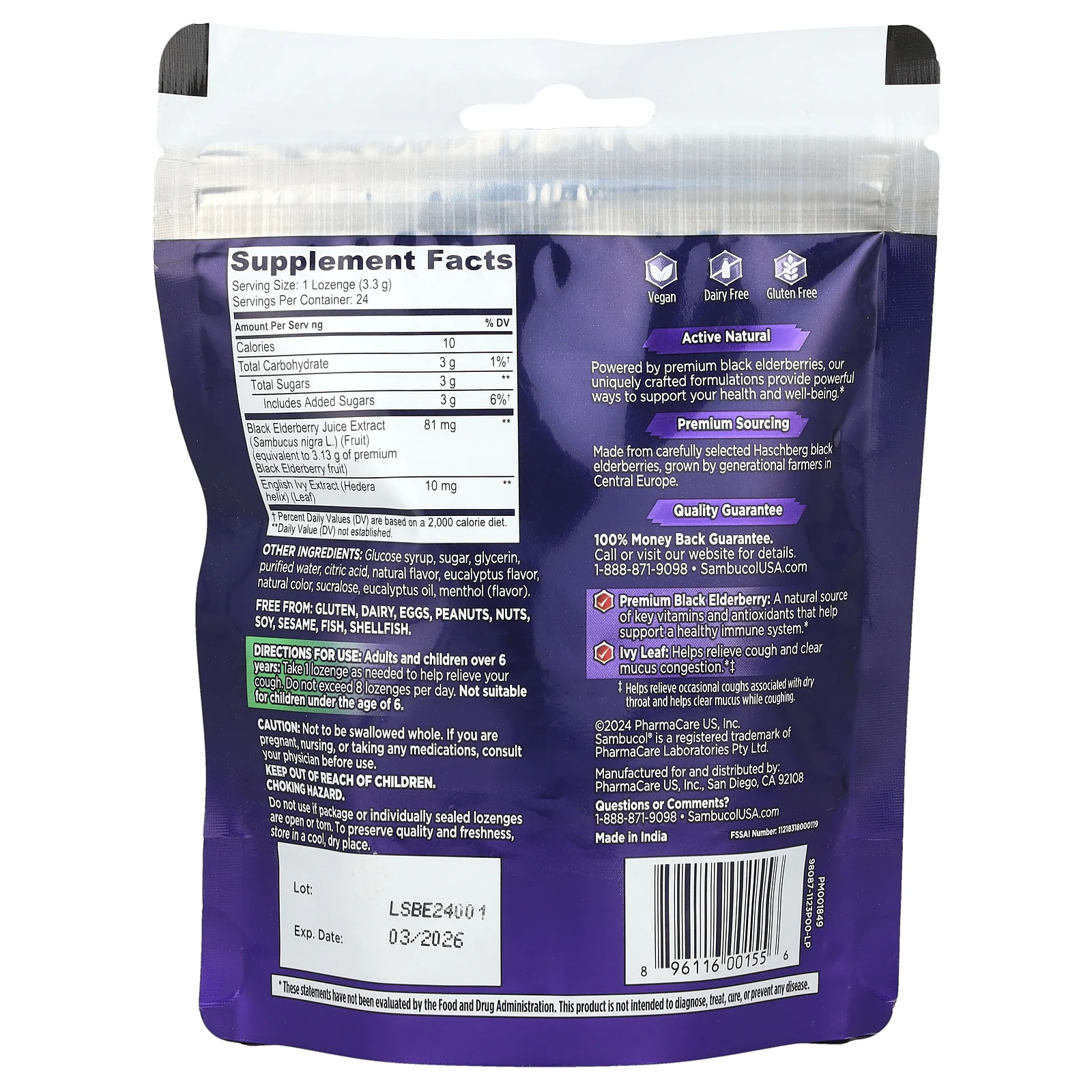 Sambucol, Черная бузина, леденцы от кашля с листом плюща, ягодами и эвкалиптом, 24 твердые леденцы