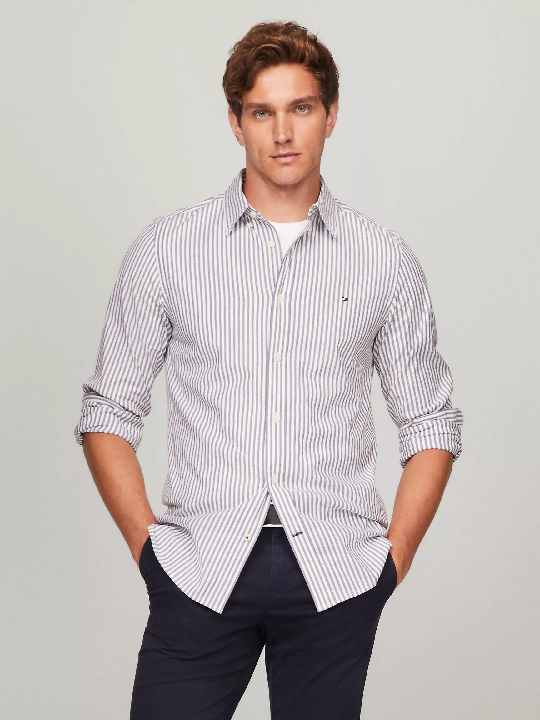 Мужская рубашка Tommy Hilfiger, Полосатая эластичная рубашка из поплина приталенного кроя