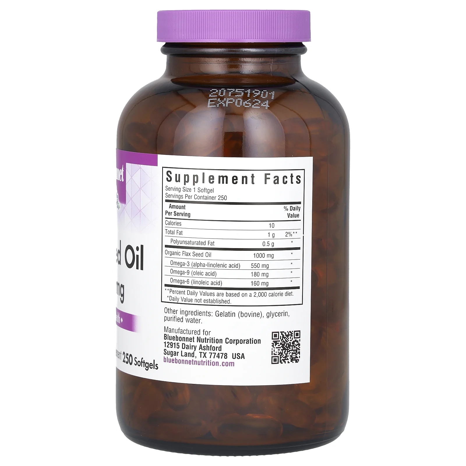 Bluebonnet Nutrition, Органическое льняное масло, 1000 мг, 250 мягких таблеток