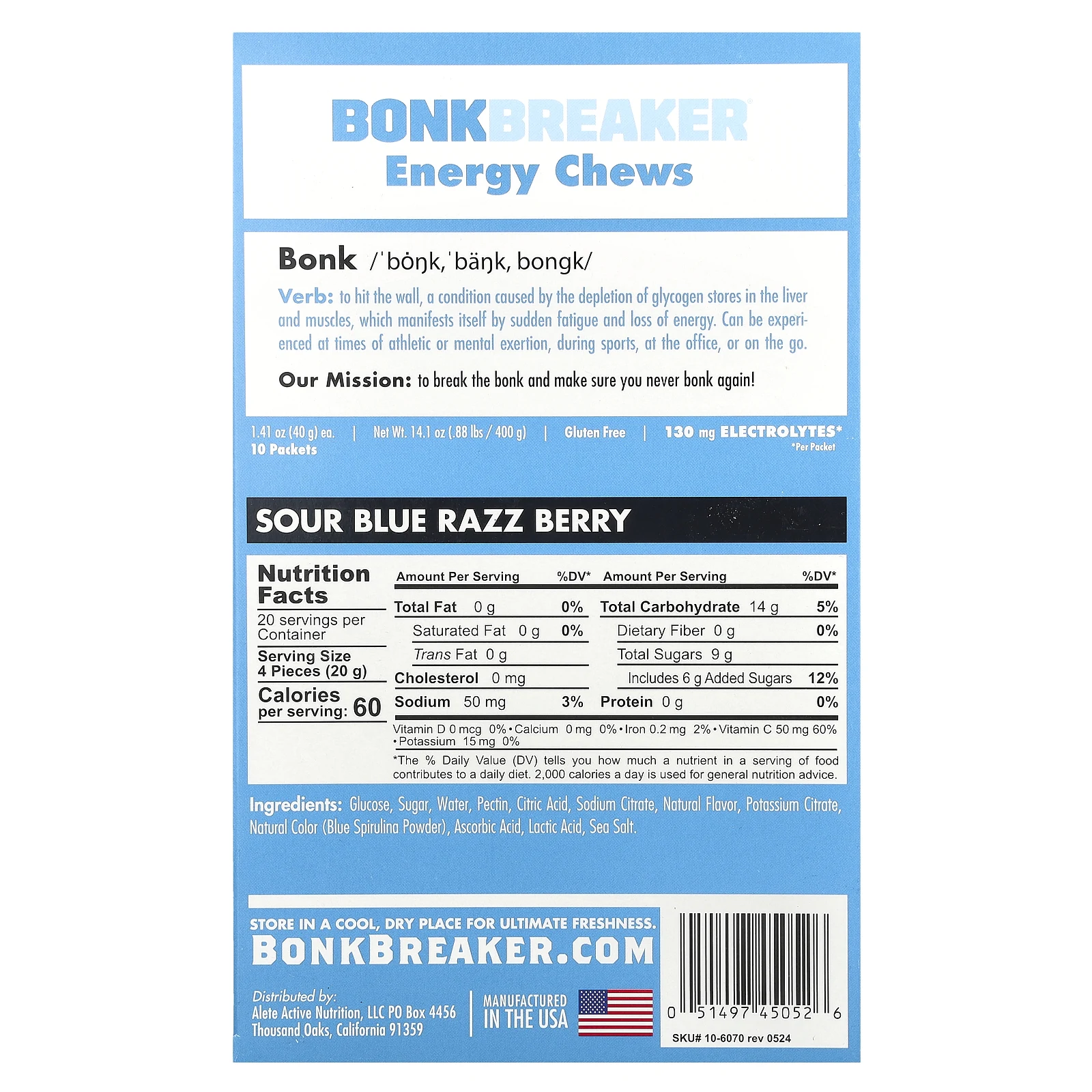 Bonk Breaker, Energy Chews, Blue Razz Berry, 10 пакетиков по 40 г (1,41 унции)