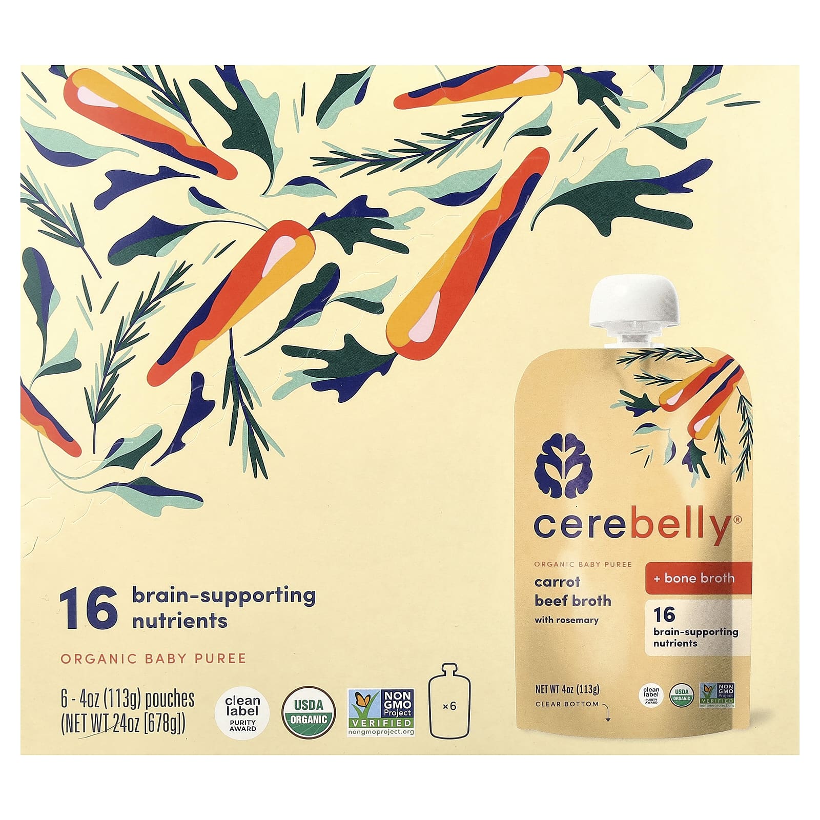 Cerebelly, Органическое детское пюре, морковь, говяжий бульон с розмарином, 6 пакетиков по 113 г (4 унции)