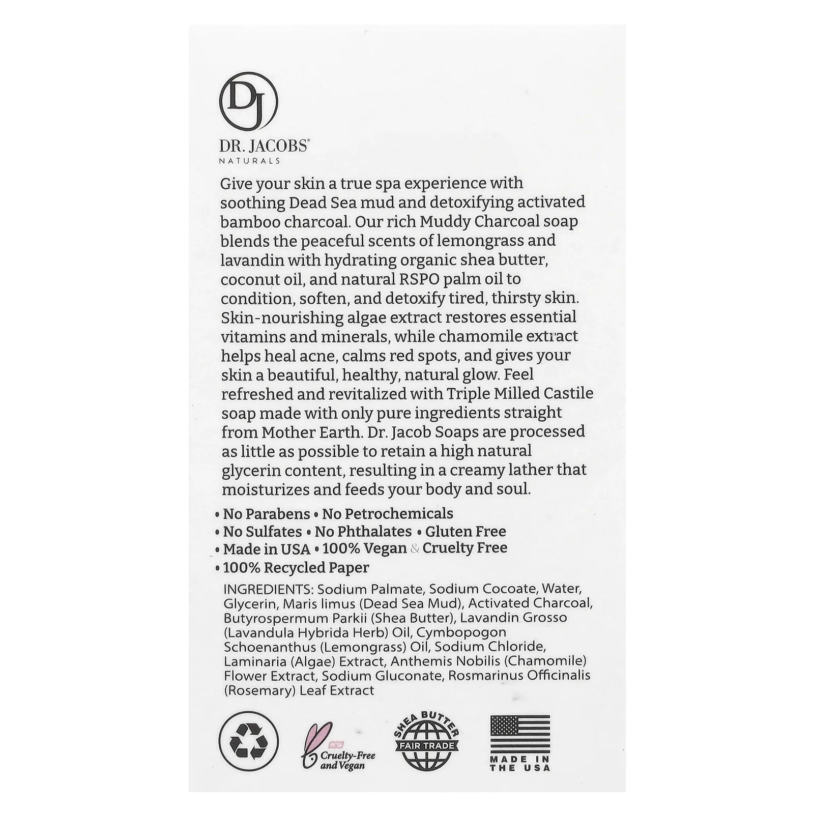 Dr. Jacobs Naturals, Muddy Charcoal, кастильский батончик с грязью Мертвого моря и древесным углем, 142 г (5 унций)