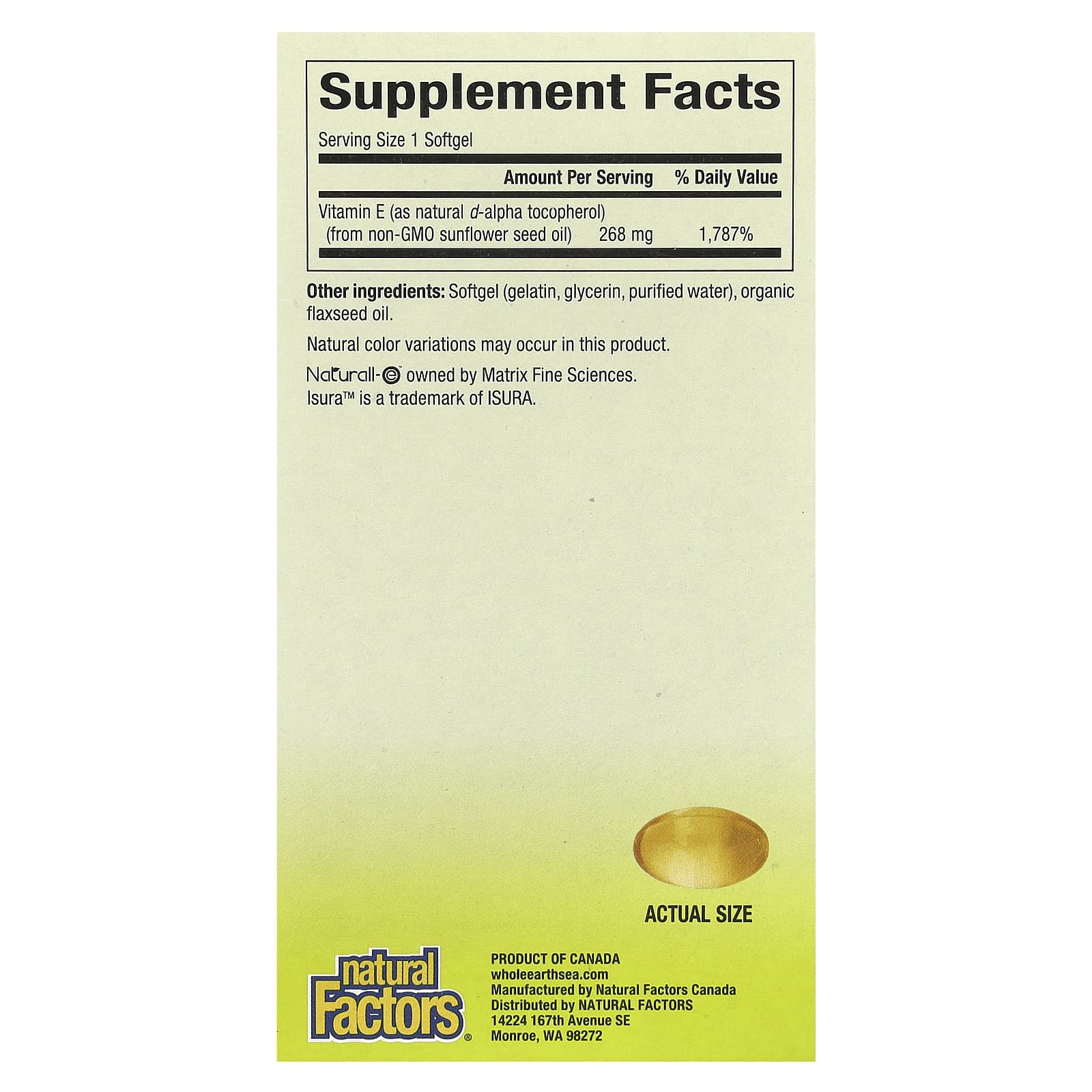 Natural Factors, Whole Earth & Sea, витамин Е из подсолнечника, 268 мг, 90 капсул