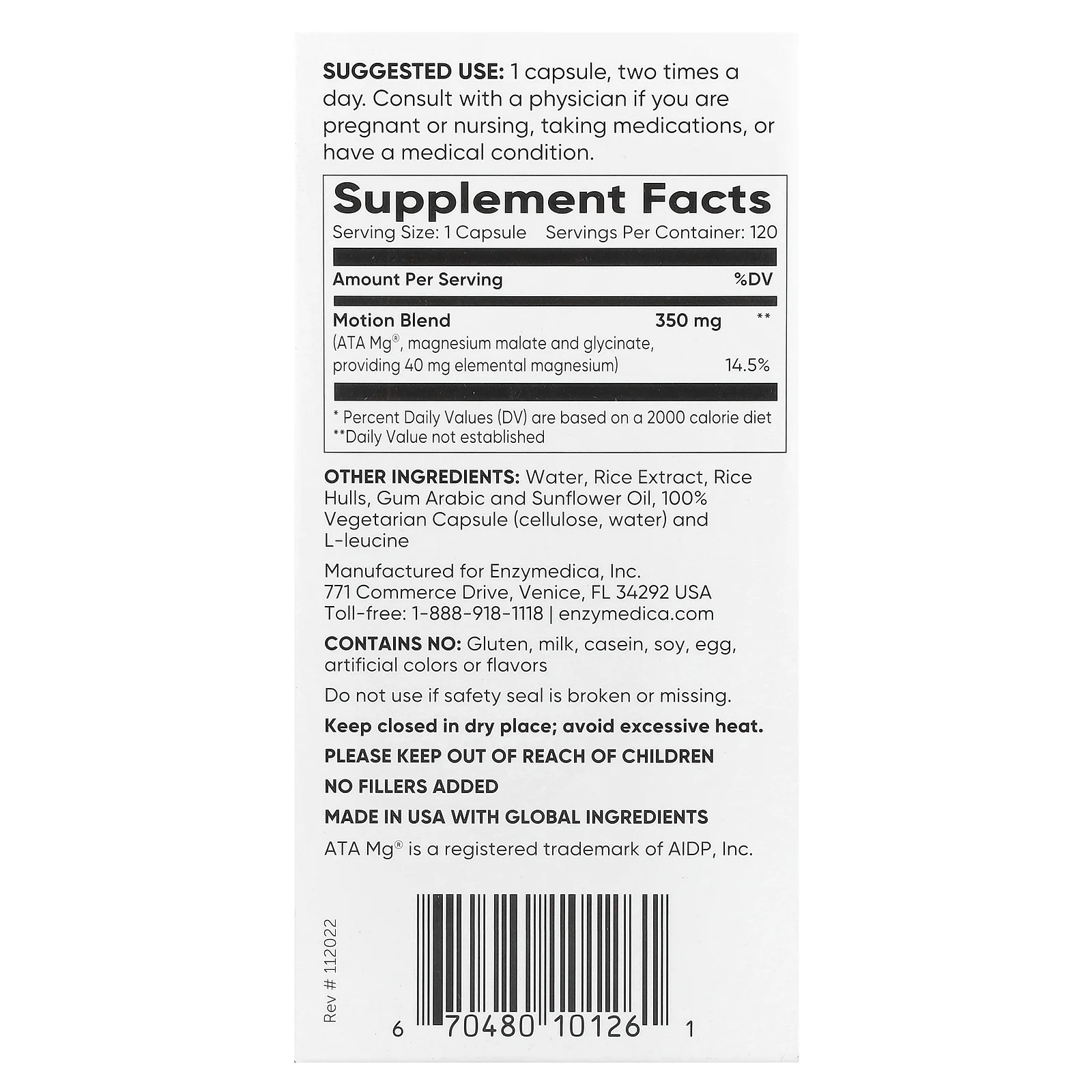 Enzymedica, Магний, движение, 120 капсул