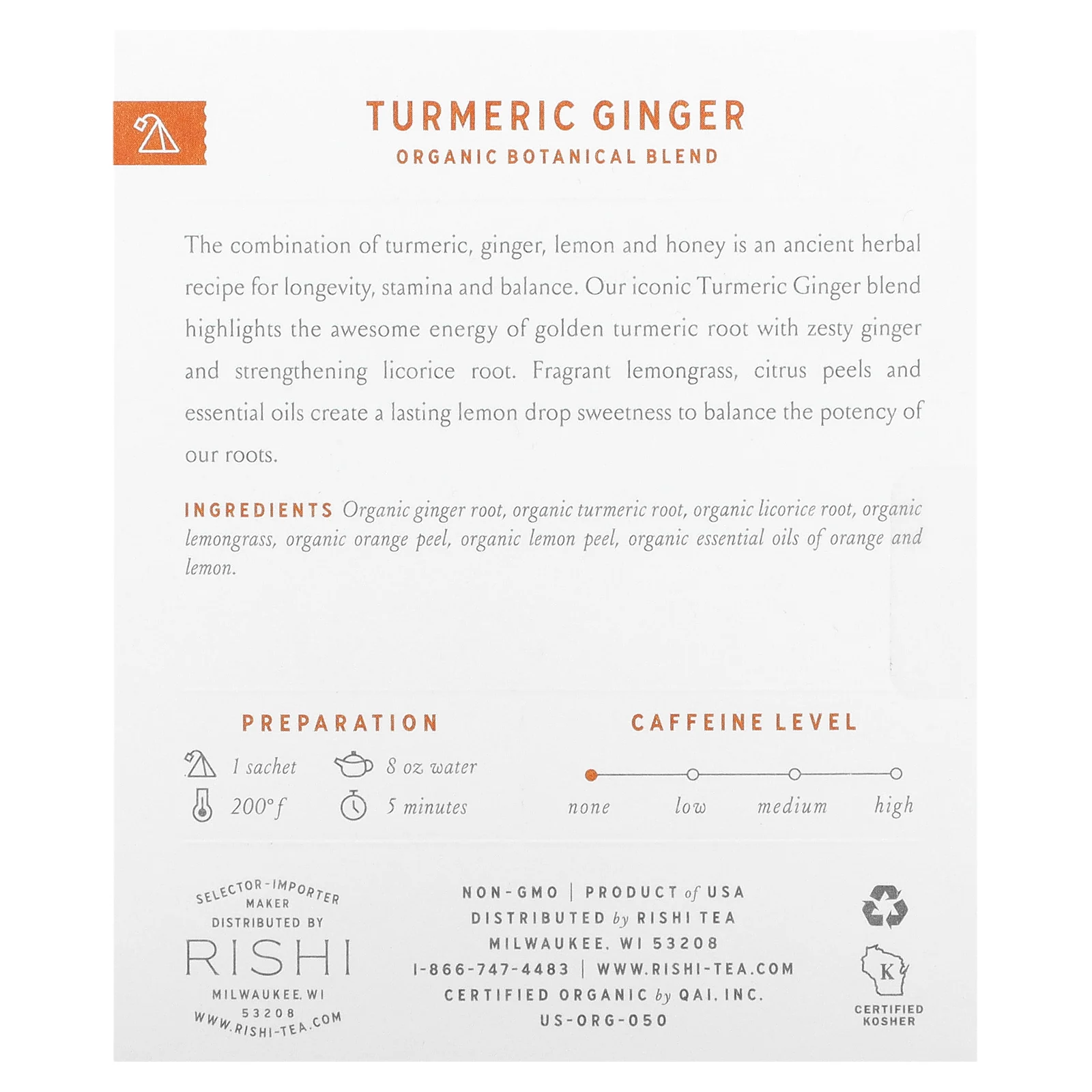 Rishi Tea, органическая растительная смесь, куркума и имбирь, без кофеина, 15 пакетиков, 49,5 г (1,74 унции)