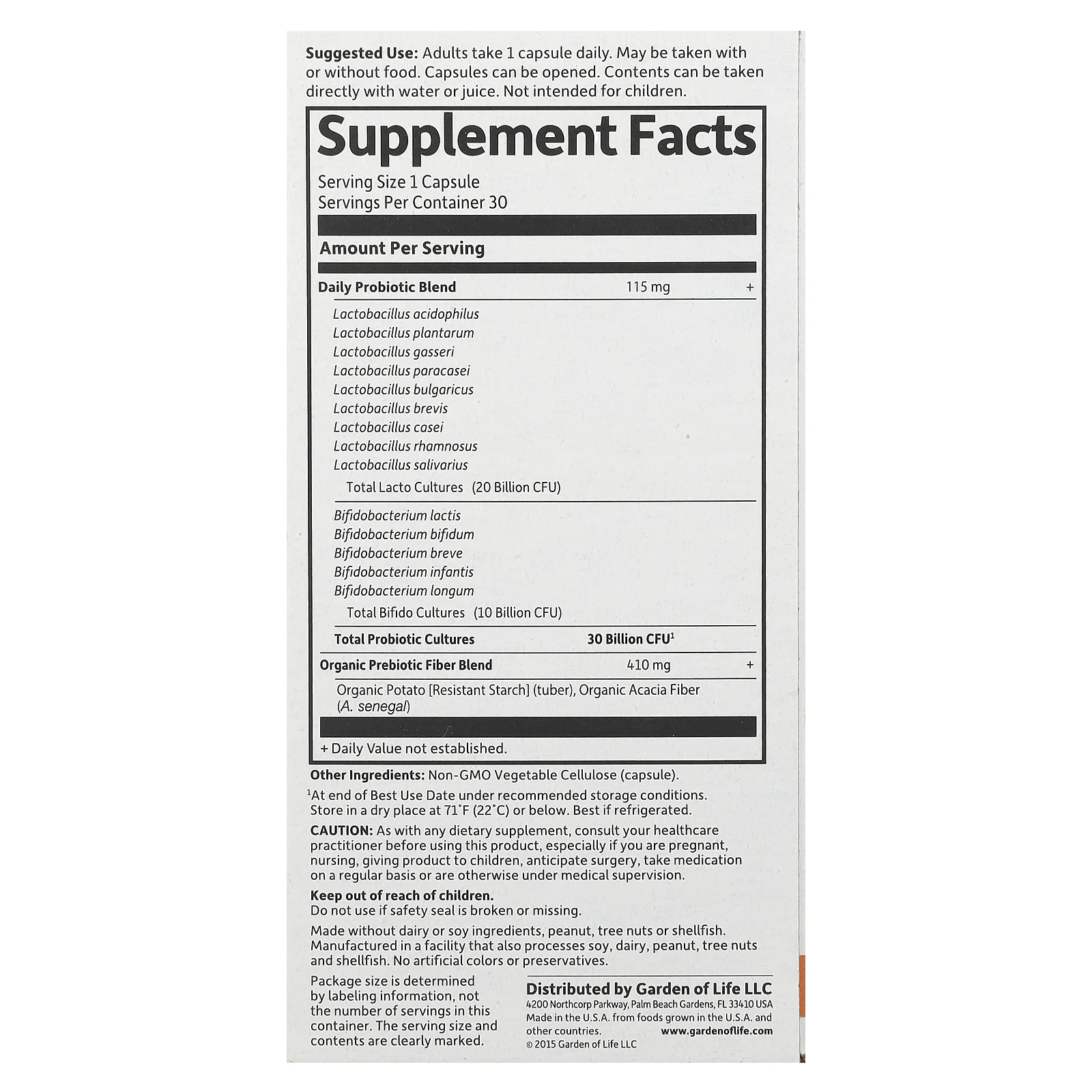 Garden of Life, Цельнопищевой магний Формула пробиотиков, один раз в день, 30 вегетарианских капсул