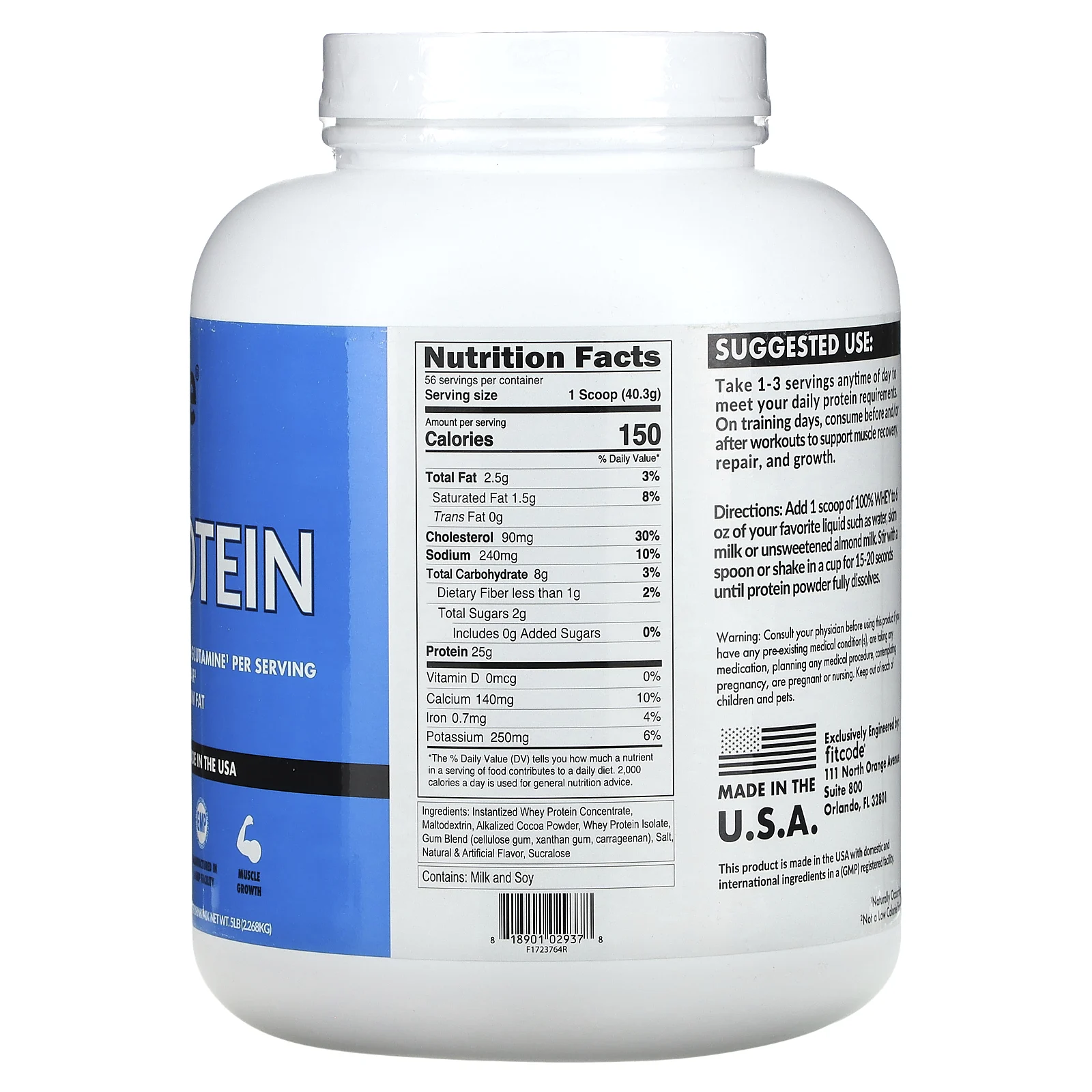 fitcode, 100% сывороточный протеин, со вкусом шоколада, 2,268 кг (5 фунтов)