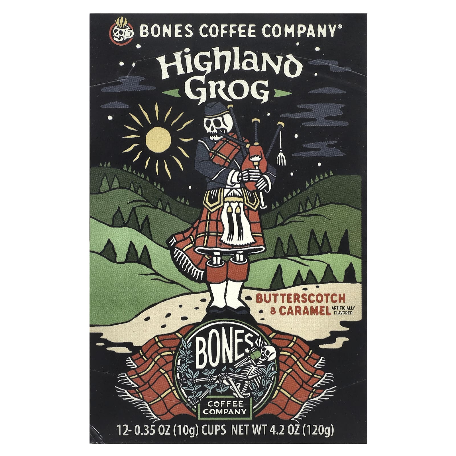 Bones Coffee Company, Highland Grog, кофейные чашки, ириска и карамель, 12 чашек по 10 г (0,35 унции)