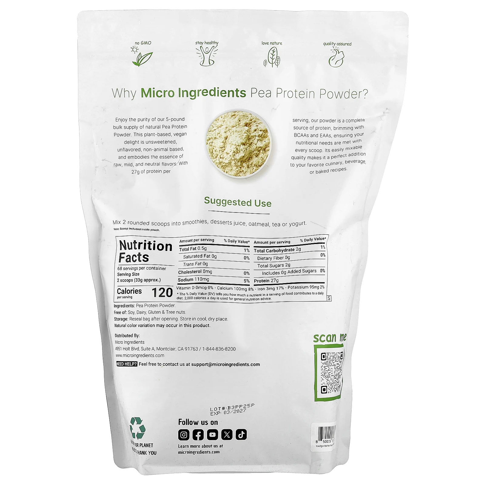 Micro Ingredients, Порошок из горохового протеина, без добавок, 2,26 кг (5 фунтов)