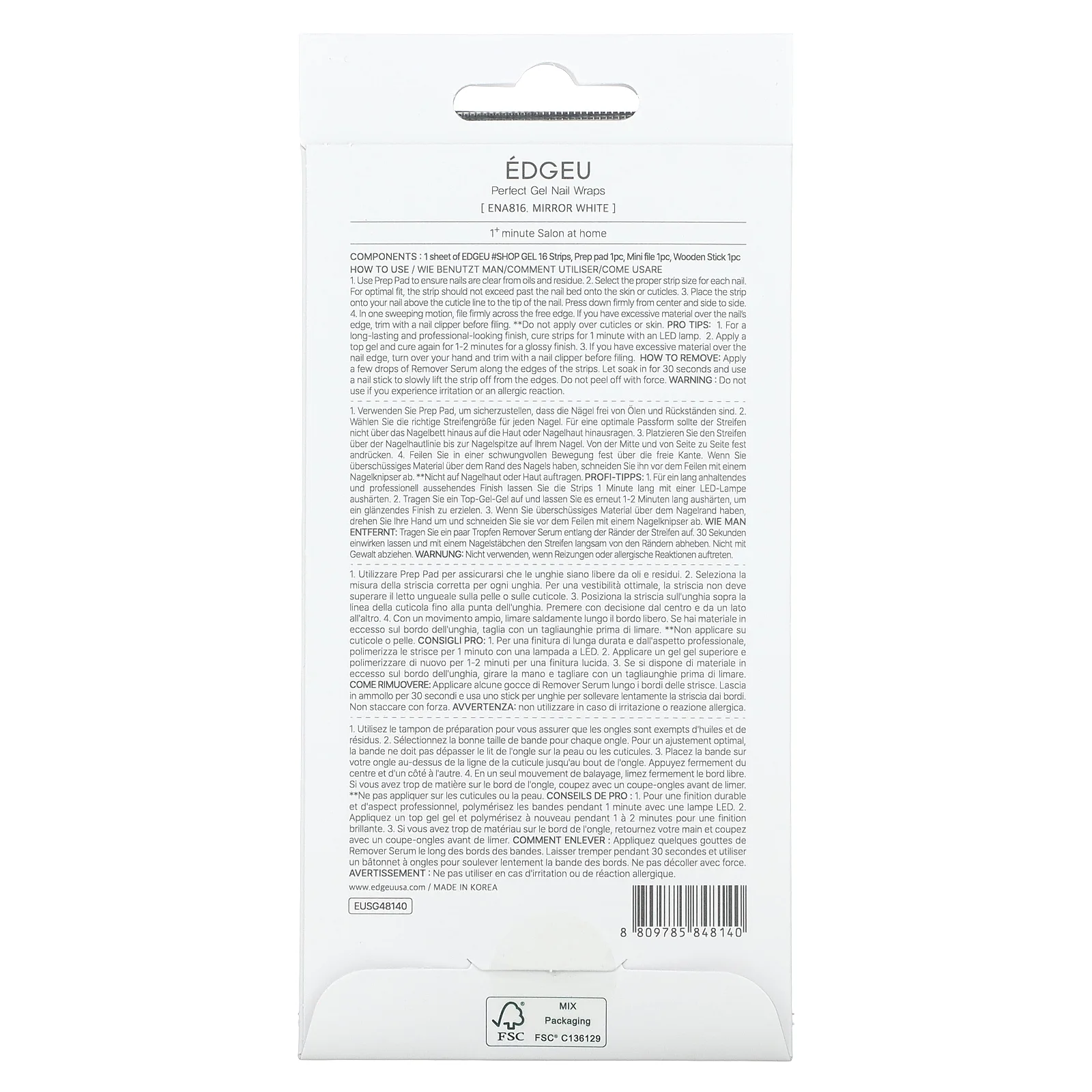 Edgeu, Гелевые обертывания для ногтей Perfect, ENA816 Mirror White, набор из 16 полосок