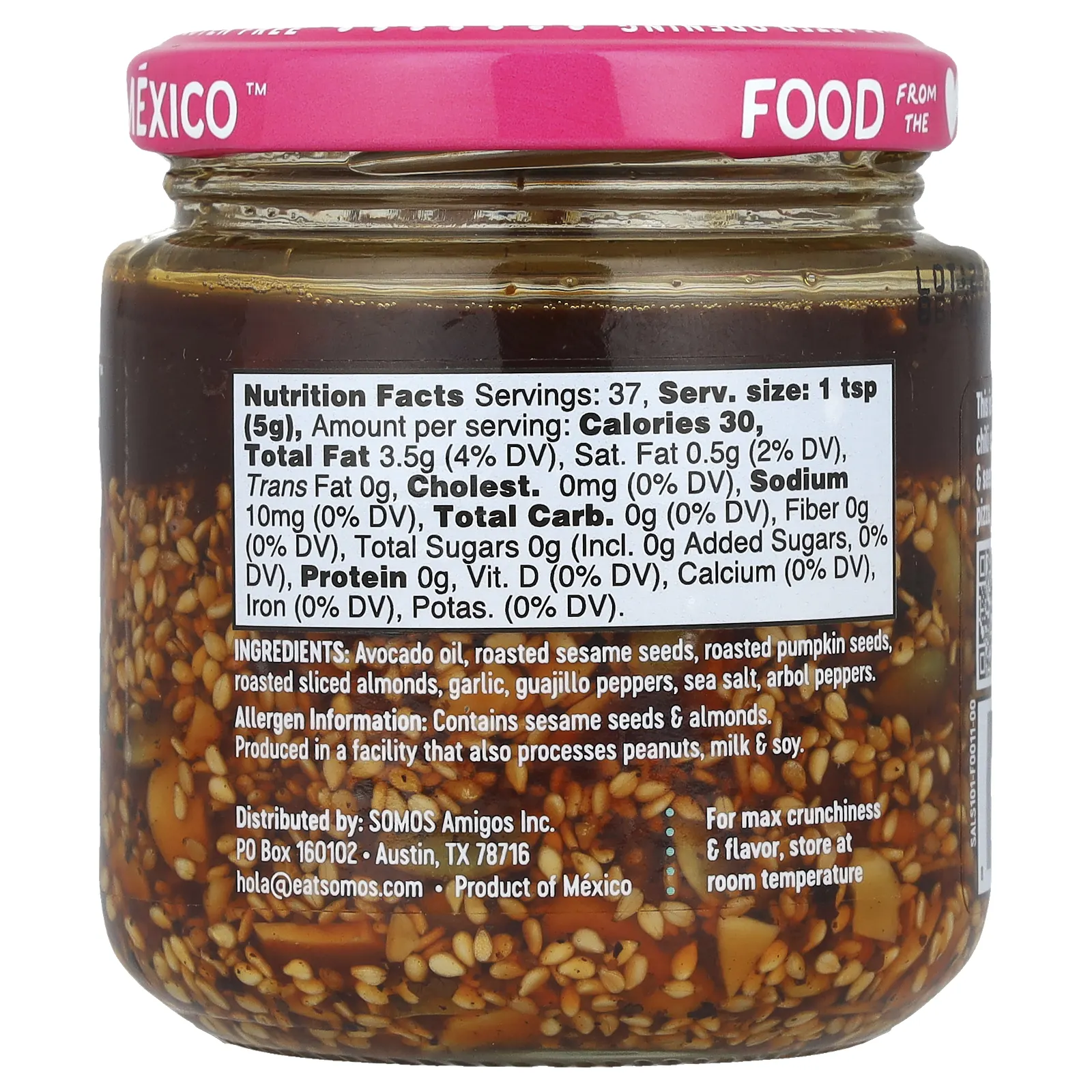 Somos, Сальса мача, мексиканский перец чили, с орехами и семенами, средний, 185 г (6,5 унции)