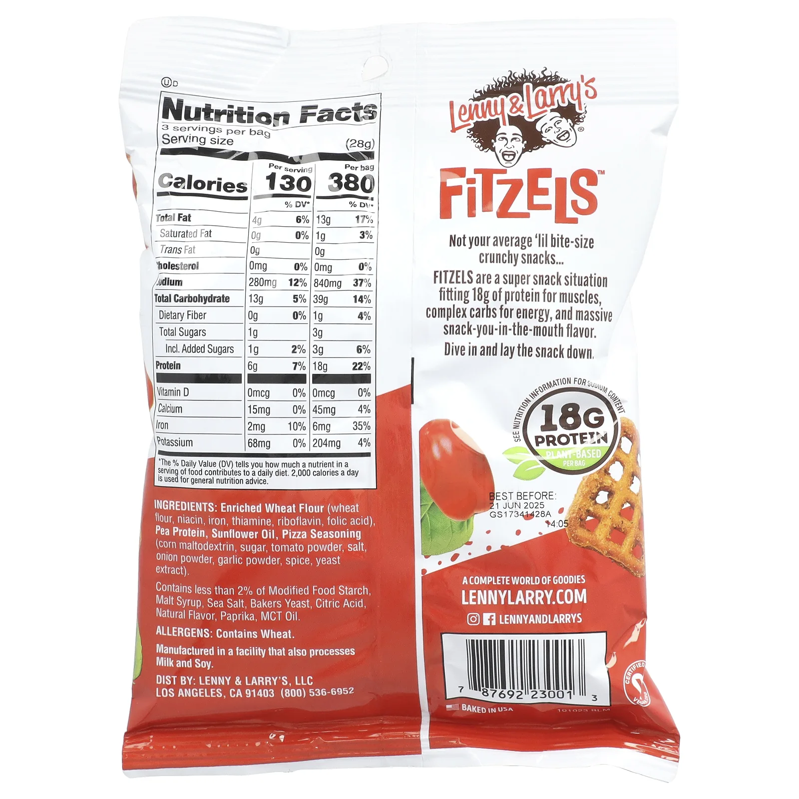 Lenny & Larry's, Fitzels ™, протеиновые крендели с пиццей Palooza, 8 пакетиков по 85 г (3 унции)