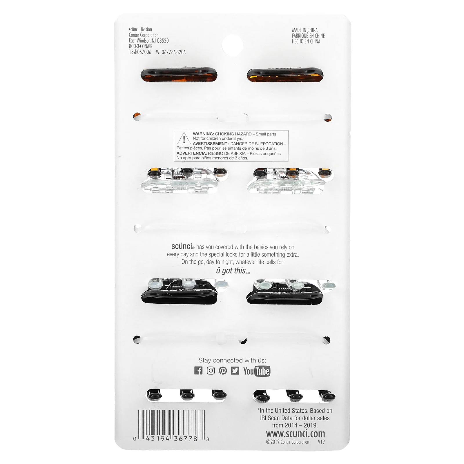 Scunci, Заколки-крабы Effortless Beauty, разные цвета, 6 штук