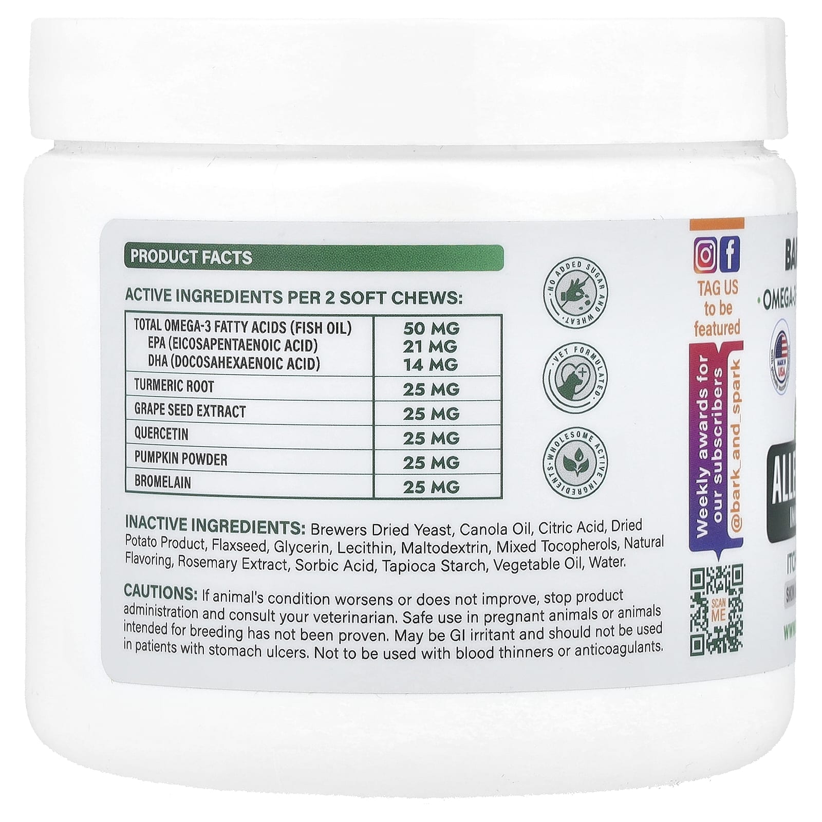 Bark&Spark, Allergy Relief Immune Chews, для облегчения зуда кожи, для собак, курица, 120 жевательных таблеток, 264 г (9,3 унции)