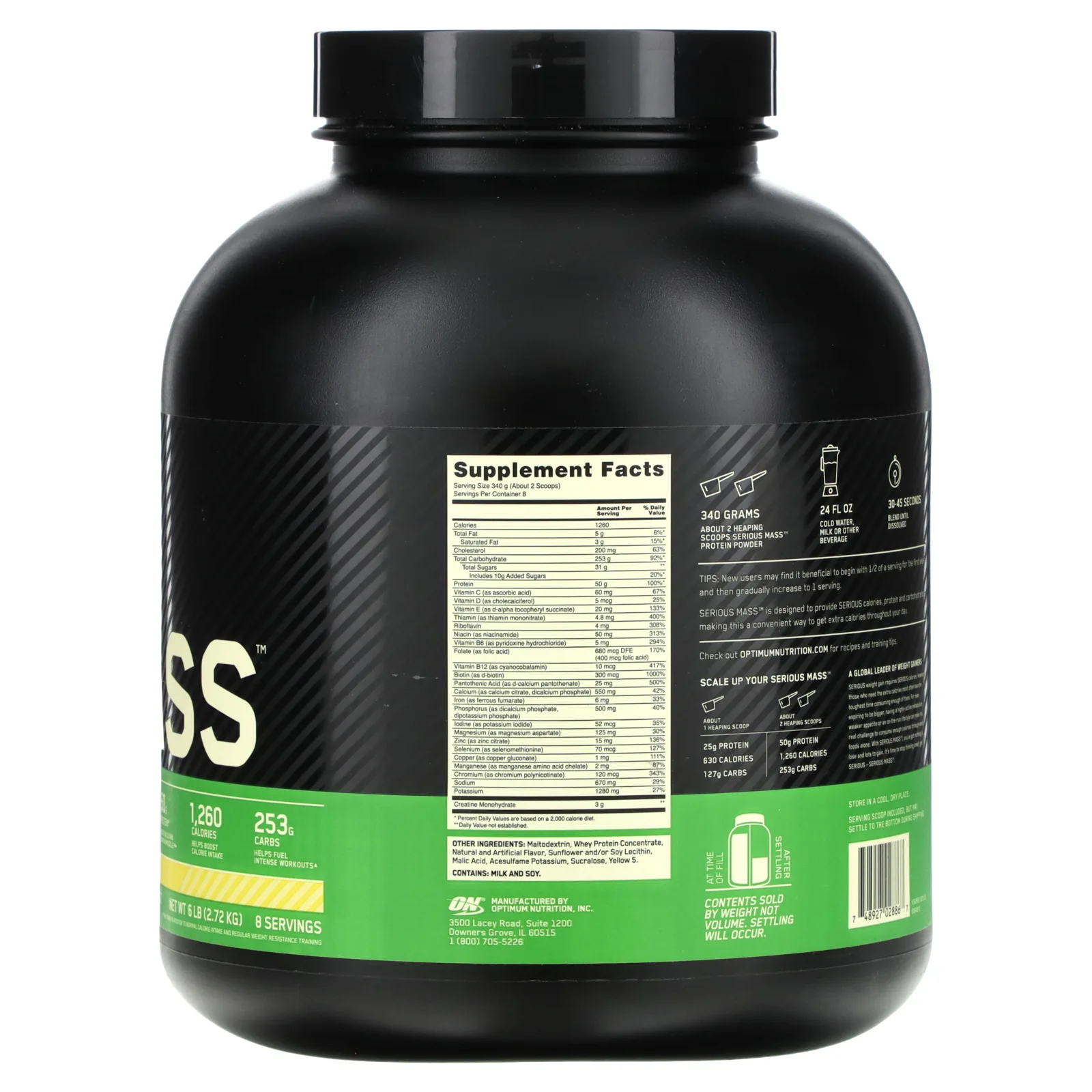 Optimum Nutrition, Serious Mass, порошок для набора веса (гейнер) с высоким содержанием протеина, вкус банан, 2720 г (6 lb)