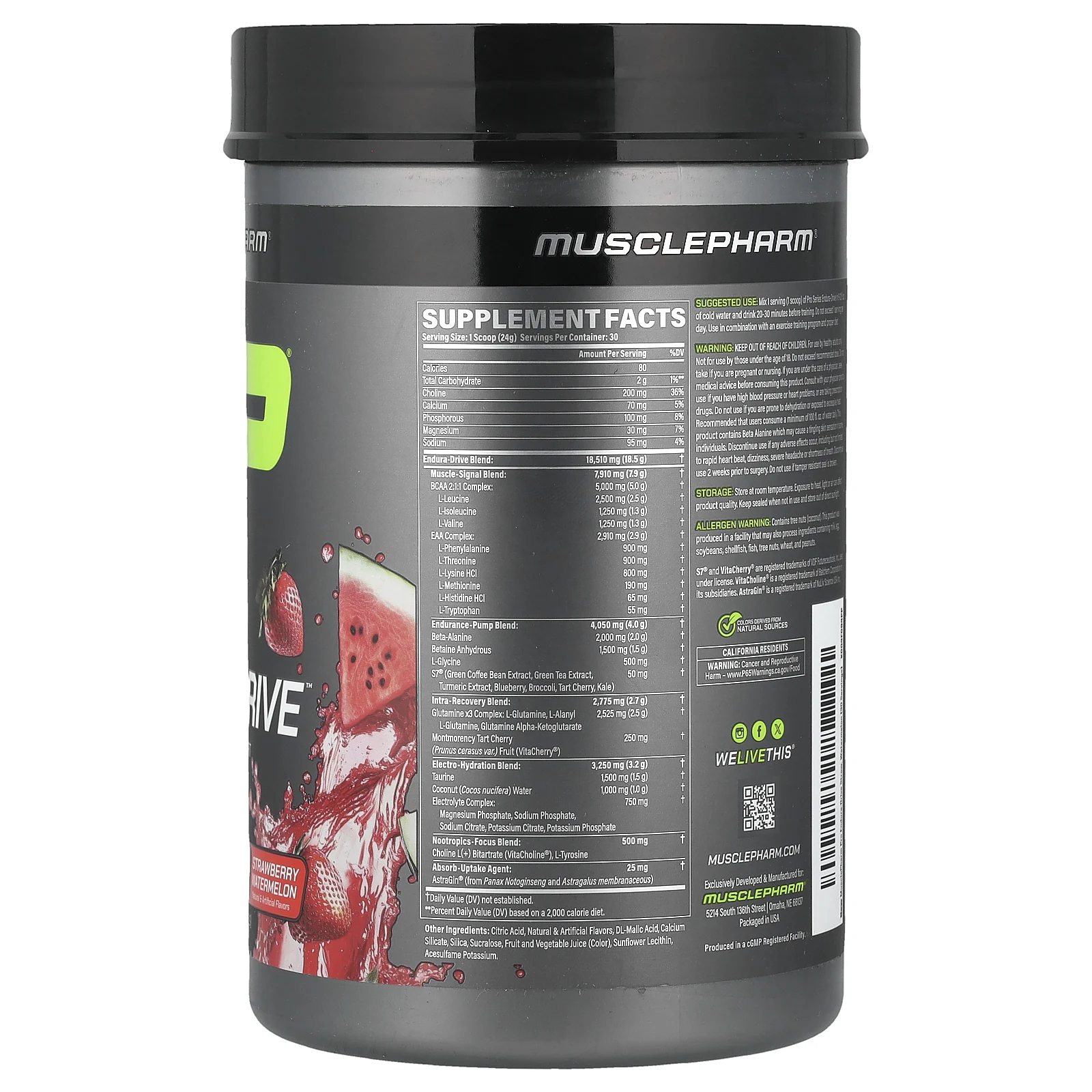 MusclePharm, Pro Series, Endura-Drive™, со вкусом клубники и арбуза, 720 г (1,6 фунта)