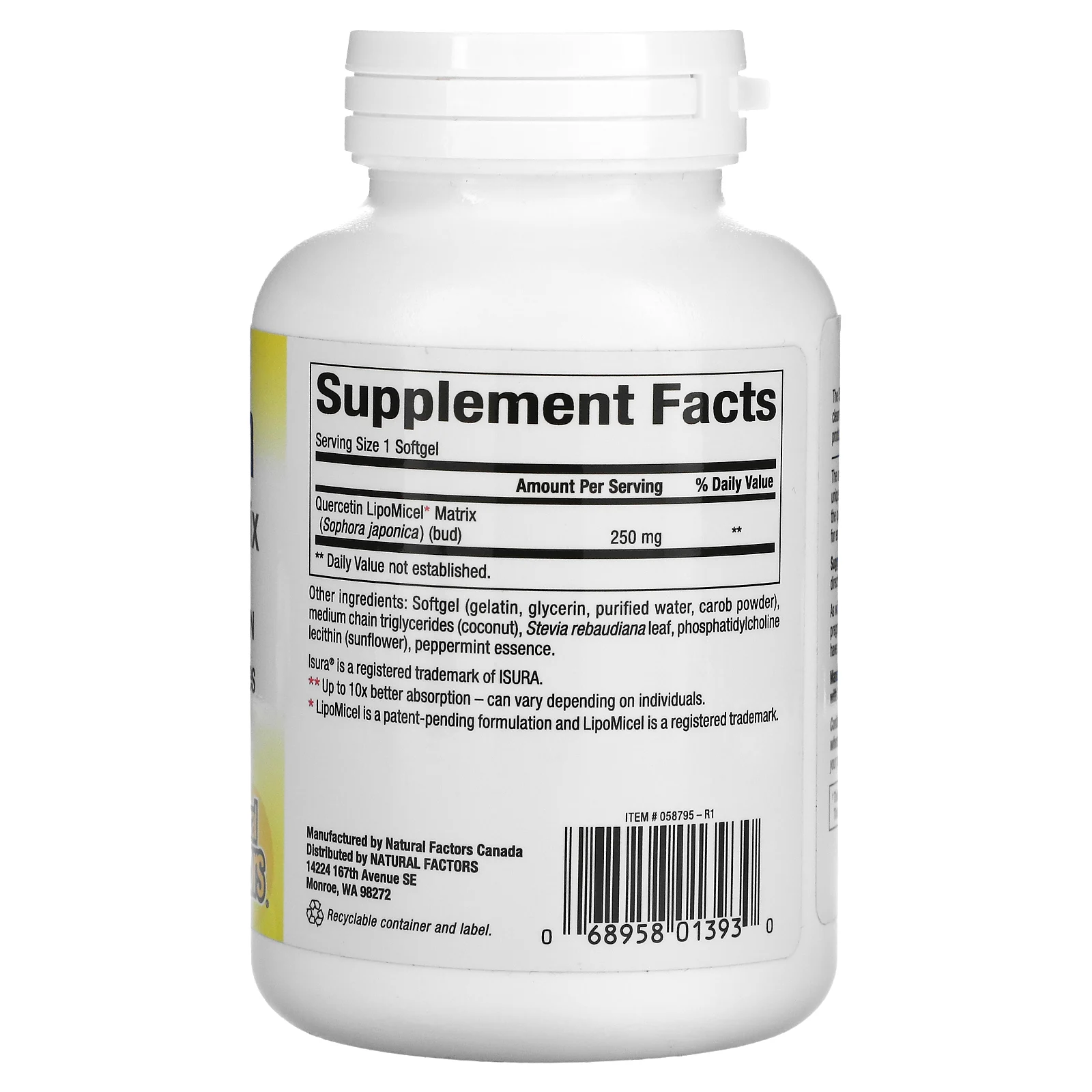 Natural Factors, кверцетин, в мицеллярной форме LipoMicel, 120 капсул с жидкостью