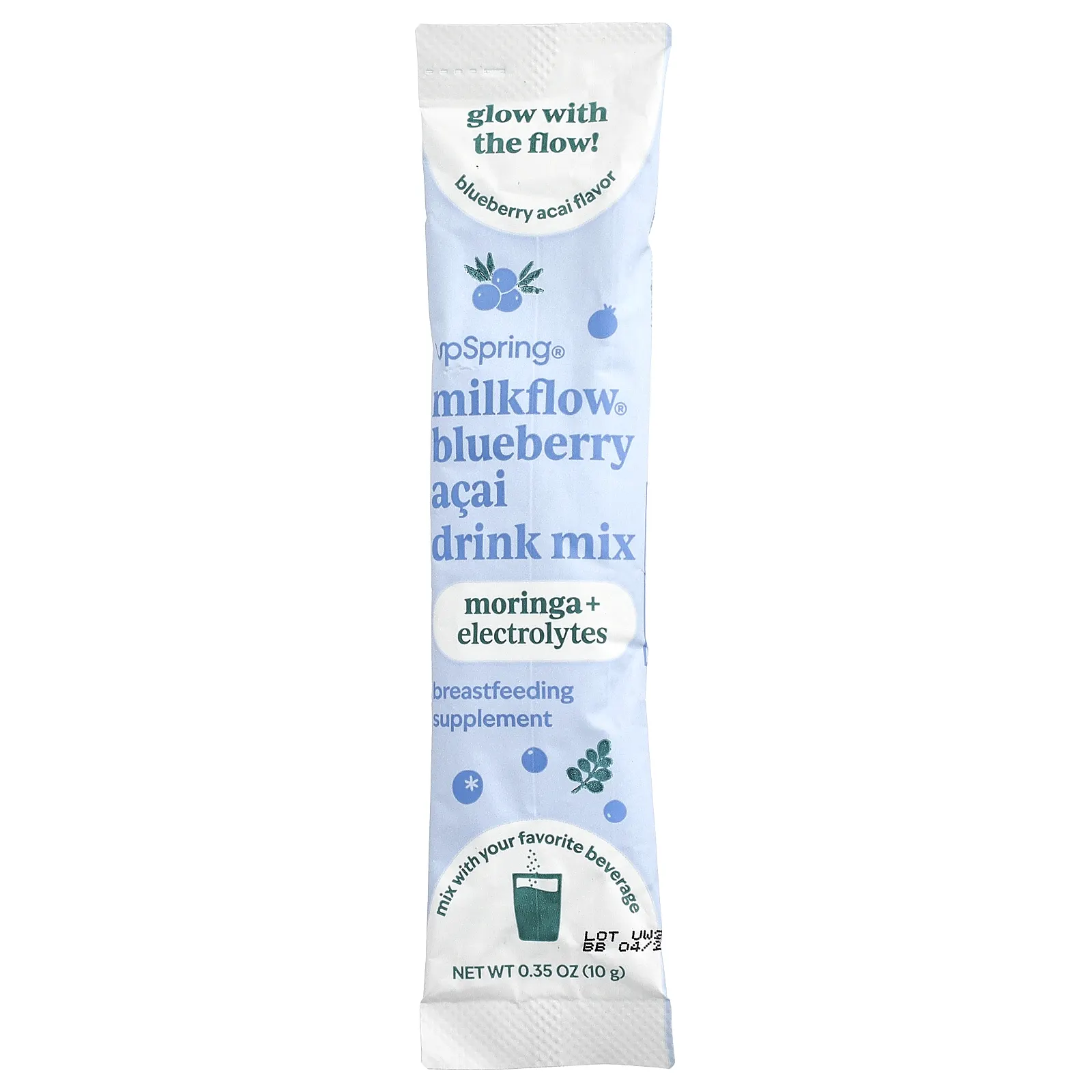 UpSpring, Milkflow®, смесь для приготовления напитка, голубика и асаи, 16 порционных пакетиков по 10 г (0,35 унции)