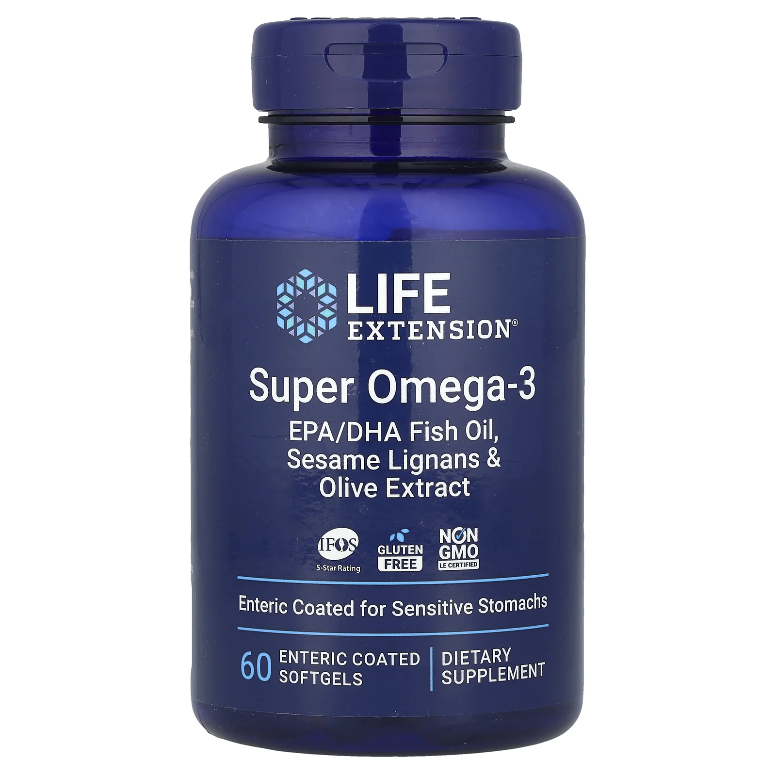 Life Extension, Super Omega-3, рыбий жир с ЭПК и ДГК, лигнанами кунжута и экстрактом оливы, 60 капсул, покрытых кишечнорастворимой оболочкой