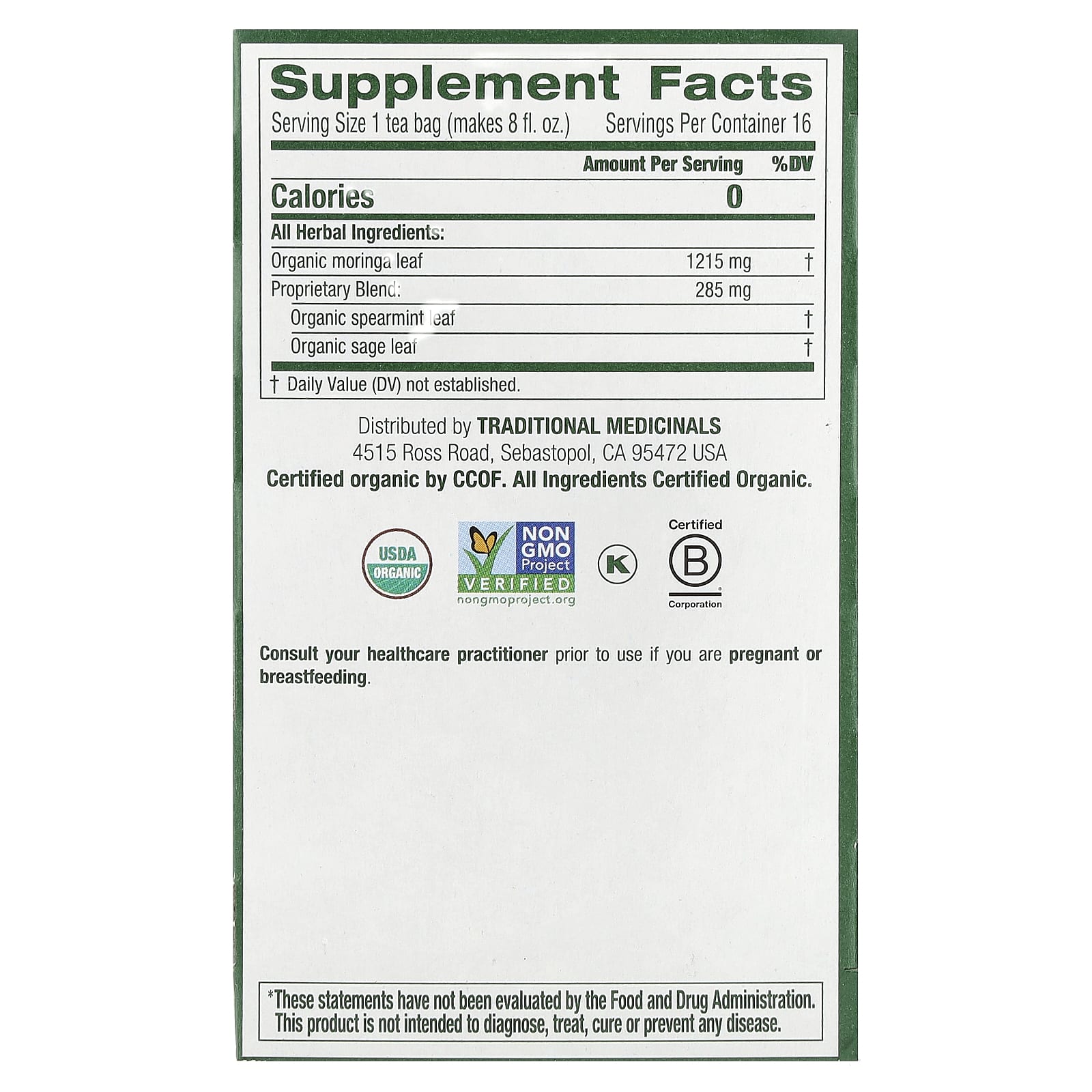 Traditional Medicinals, органическая моринга с перечной мятой и шалфеем, без кофеина, 16 чайных пакетиков, 24 г (0,85 унции)