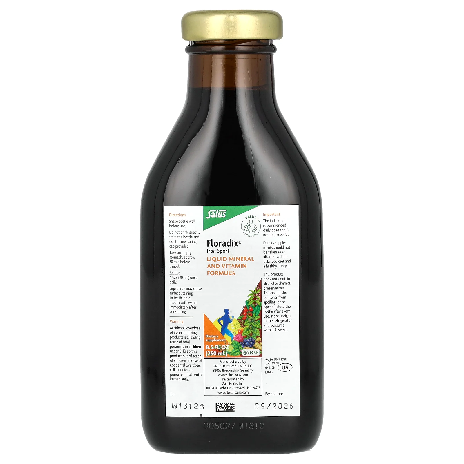 Floradix Iron Sport, железо для физической активности, 250 мл (8,5 жидк. унции)