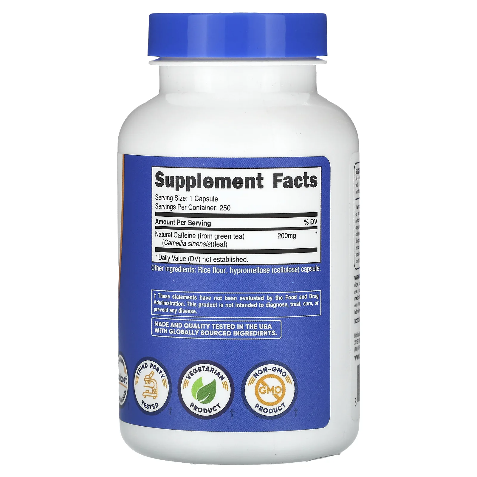 Nutricost, натуральный кофеин, 200 мг, 250 капсул